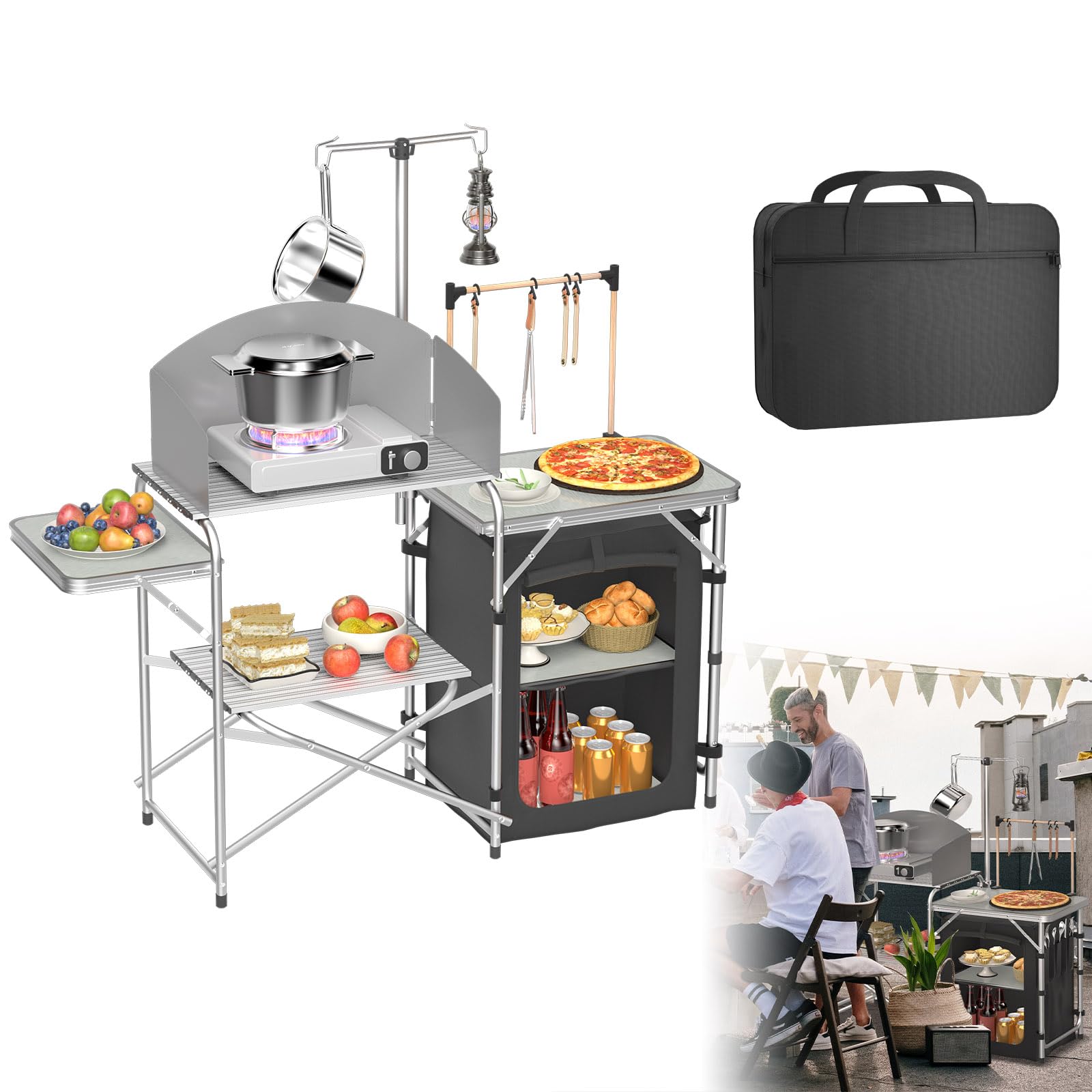 Froadp Cuisine de camping pliable avec armoire de camping, protection contre le vent et support de lampe réglable, meubles de camping et cuisine de voyage, portable, sac de transport pour camping,