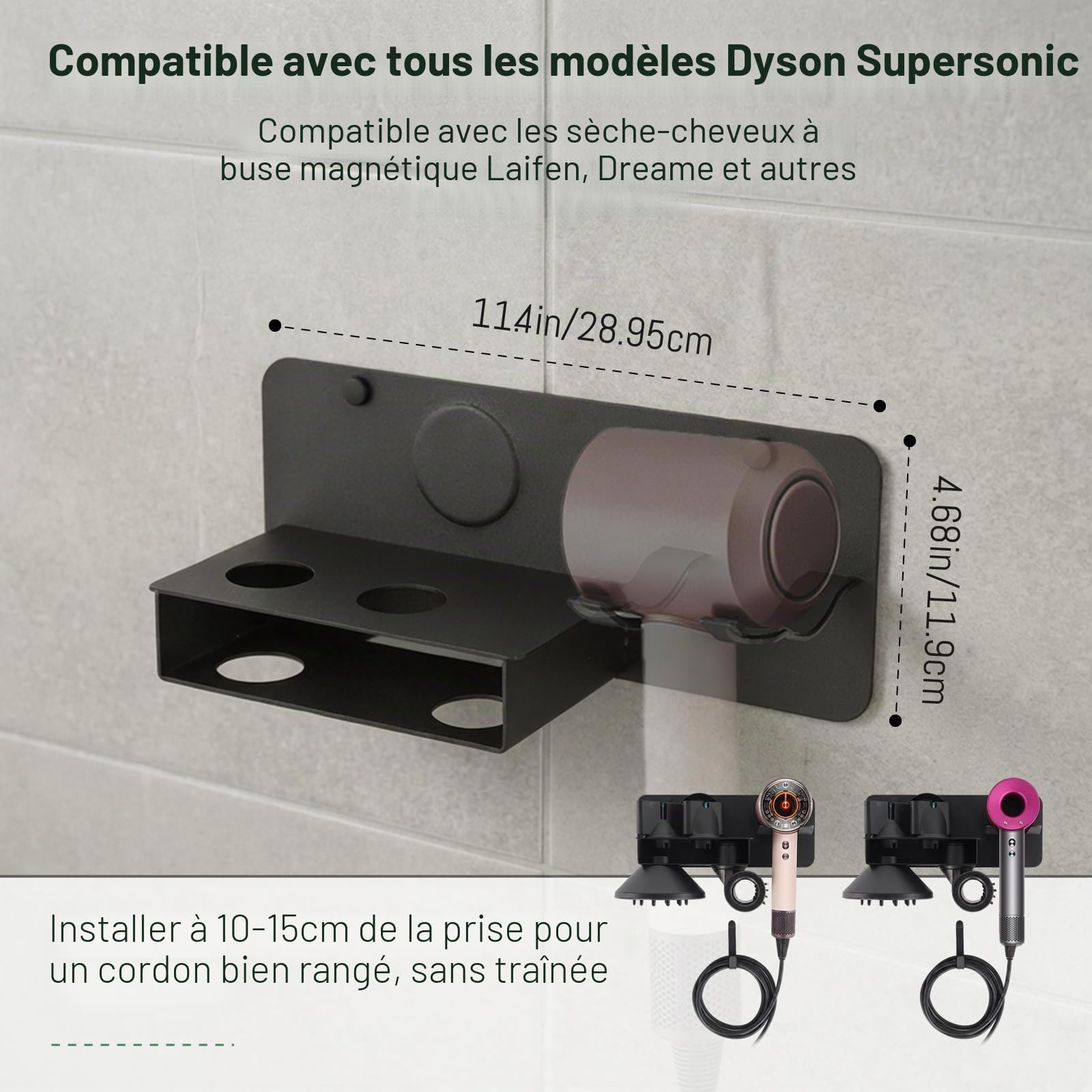 6 en 1 Support Seche Cheveux sans Percage Compatible avec Dyson Supersonic Nural HD16/ HD19, Porte Seche Cheveux Mural Métallique avec Rangement des Câbles, Convient pour 5 Embouts,29 * 12cm | Revêtement antirayures protège votre sèche-cheveux Dyson au qu
