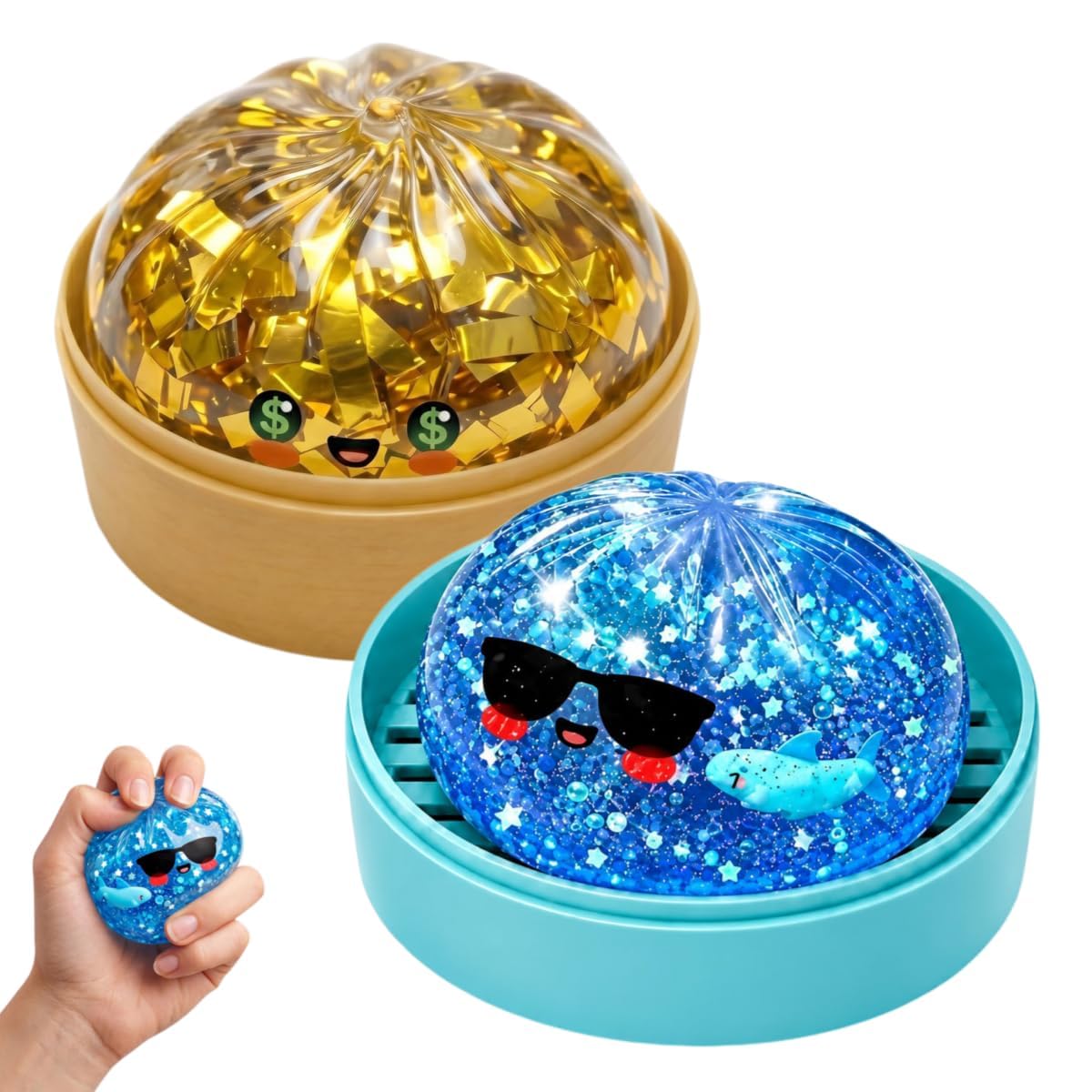 Dumpling Squishi Mystery Box, Glitter Dumplings Squishies Toy, Gold Squeeze Bao Bun Ball Stress Relief Hand Toys with Steamer, Shark Dough Fidget Sensory Toy (2pc-A+B)