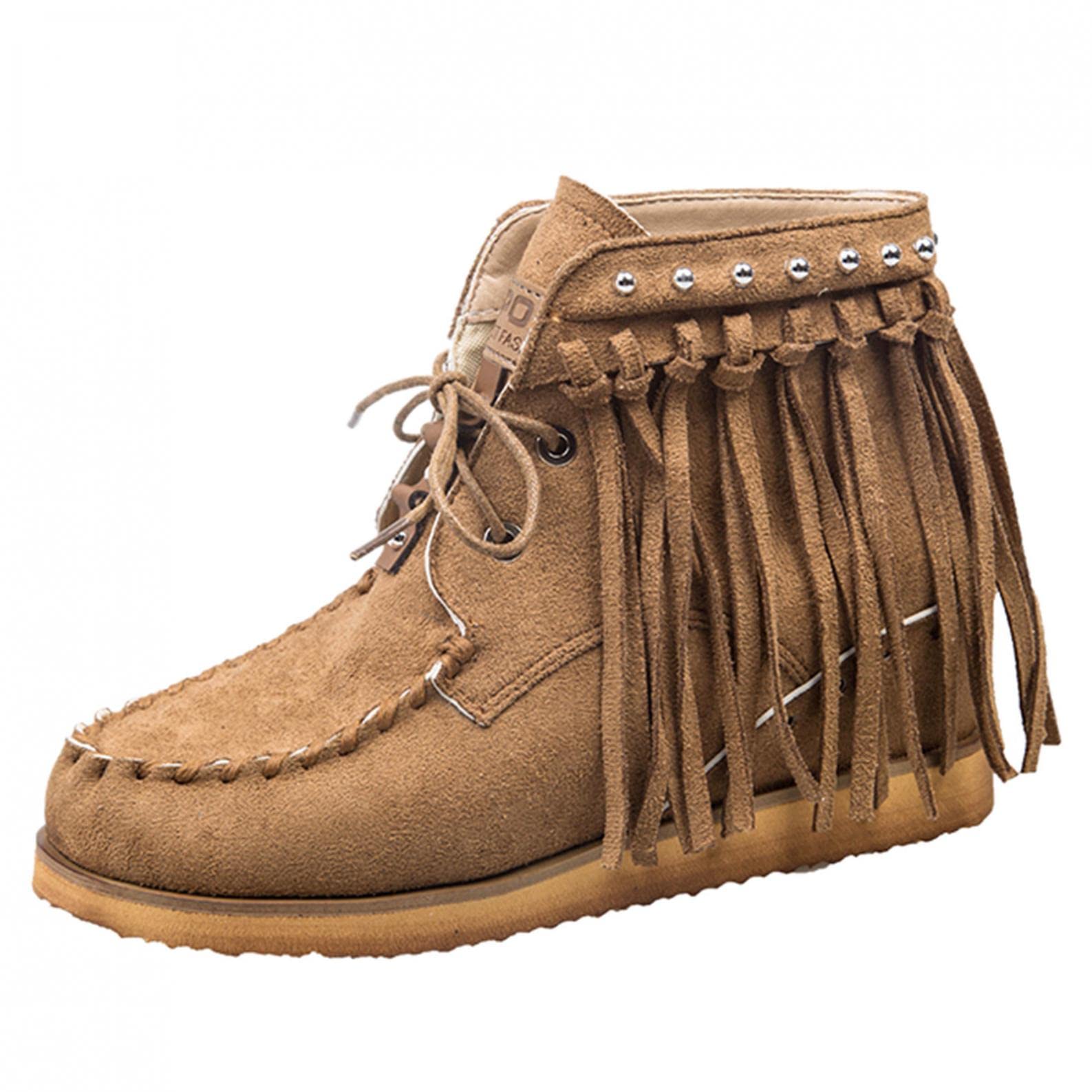 Womens Work Boots Retro Solid Color Flat Shoes Non-Slip Tassel Lace-up Safety Boots Soft Sole Wearable Ankle Boots Autumn Winter Outdoor Walking Boots