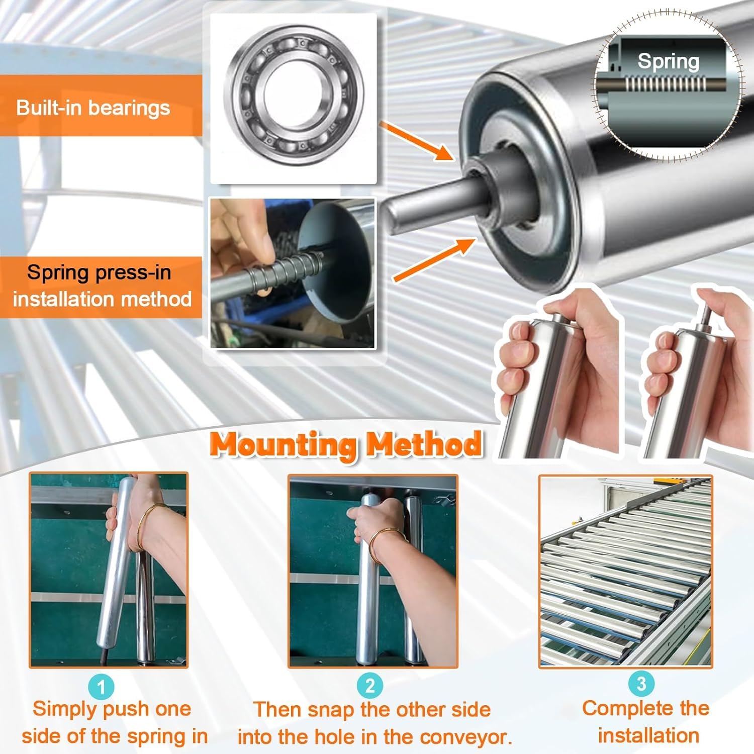 Entladerollen für Förderbänder, robuste Edelstahl-Förderrollen (5er-Set), 38 mm Durchmesser x 400 mm Länge, langlebige Ersatzteile für industrielle Antriebstechnik zur effizienten Materialfö