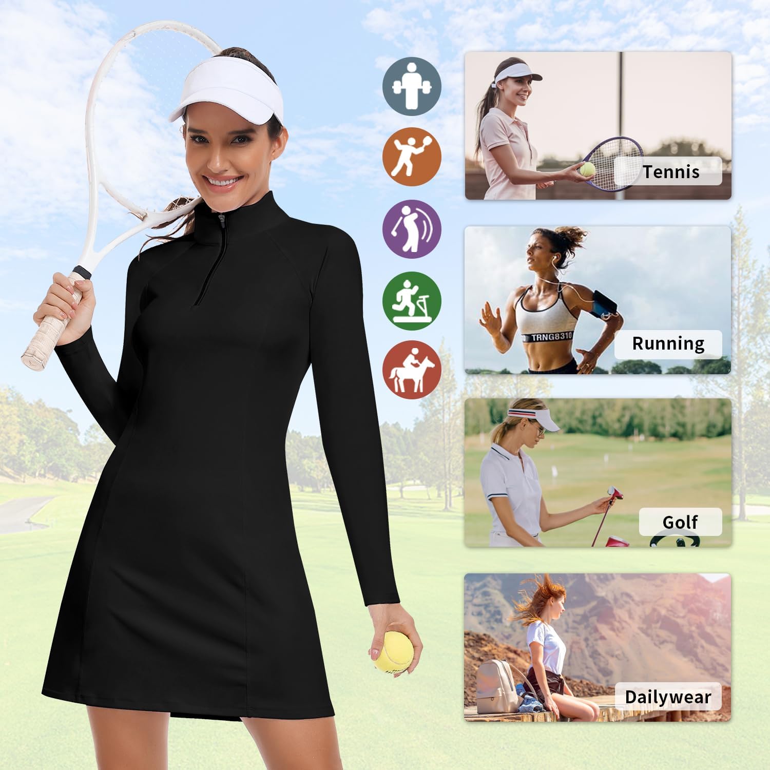 WOWENY Women's Tennis Dress Long Sleeve Golf Dresses with Shorts Zip Front Golf Outfits UPF 50+ Workout Athletic Dresses