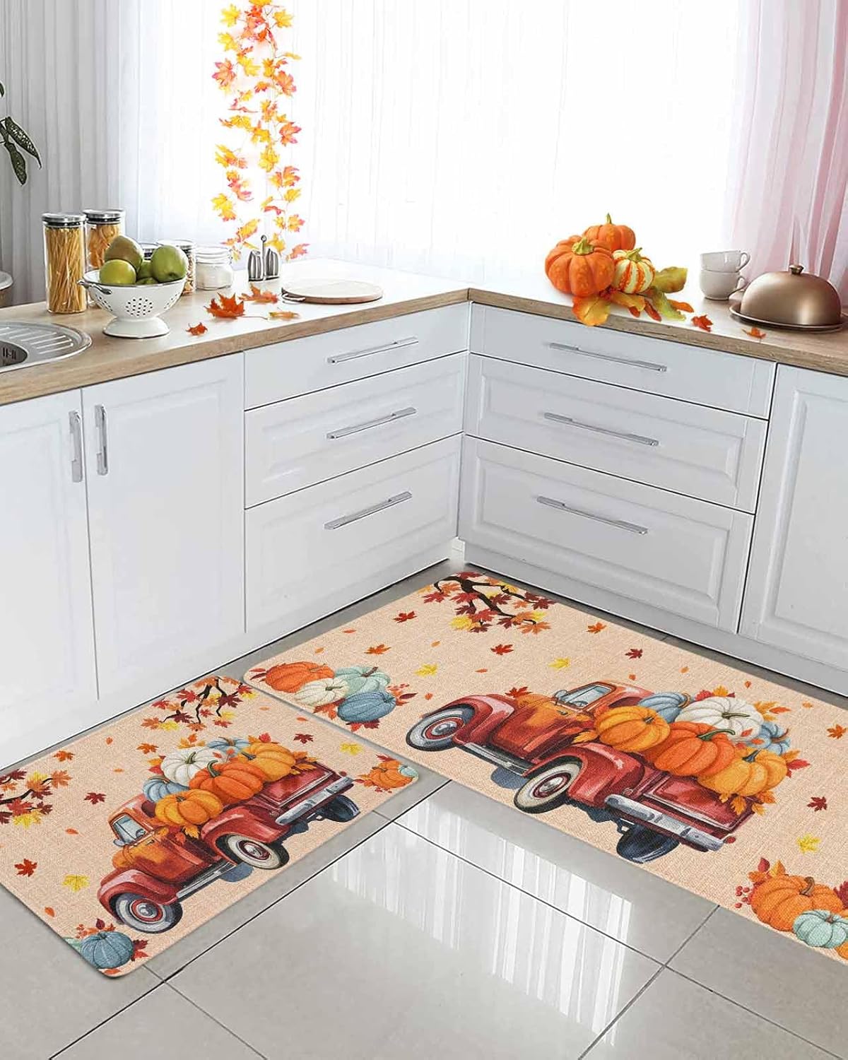 fall kitchen rugs set of 2 orange pumpkin kitchen rug and mats set non slip floor mats for sink laundry maple leaf truck thanksgiving decorative doormat absorbent runner rug 16"x24"+16"x47" 16"x 24"+16"x 47" orange