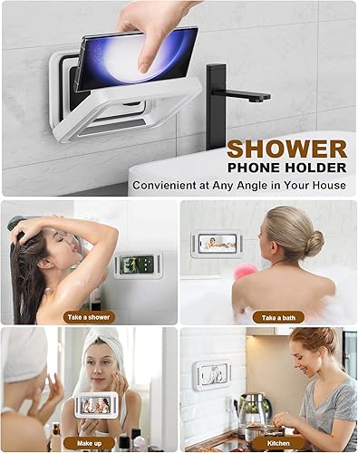 Miniatura 6 de Soporte de teléfono de ducha mejorado impermeable con orificio para altavoz, soporte de teléfono de ducha para baño, bañera, cocina, espejo de pared