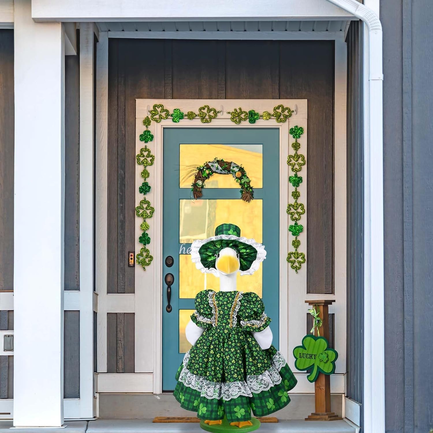 JcHrmers St. Patrick's Day Porch Goose Outfits Irish Clover Goose Outfit Lolita Lawn Porch Goose Clothes Fits 23" Cement Plastic Goose Statue for St. Patrick's Day Outdoor Garden Yard Patio Art Decor