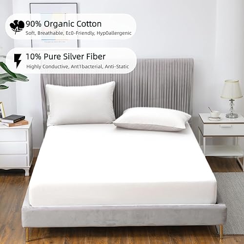 Miniatura 2 de Grounding - Sábana de cama tamaño Queen con cable de 15 pies, 90% algodón orgánico + 10% fibra plateada, sábanas conductivas para un mejor sueño y