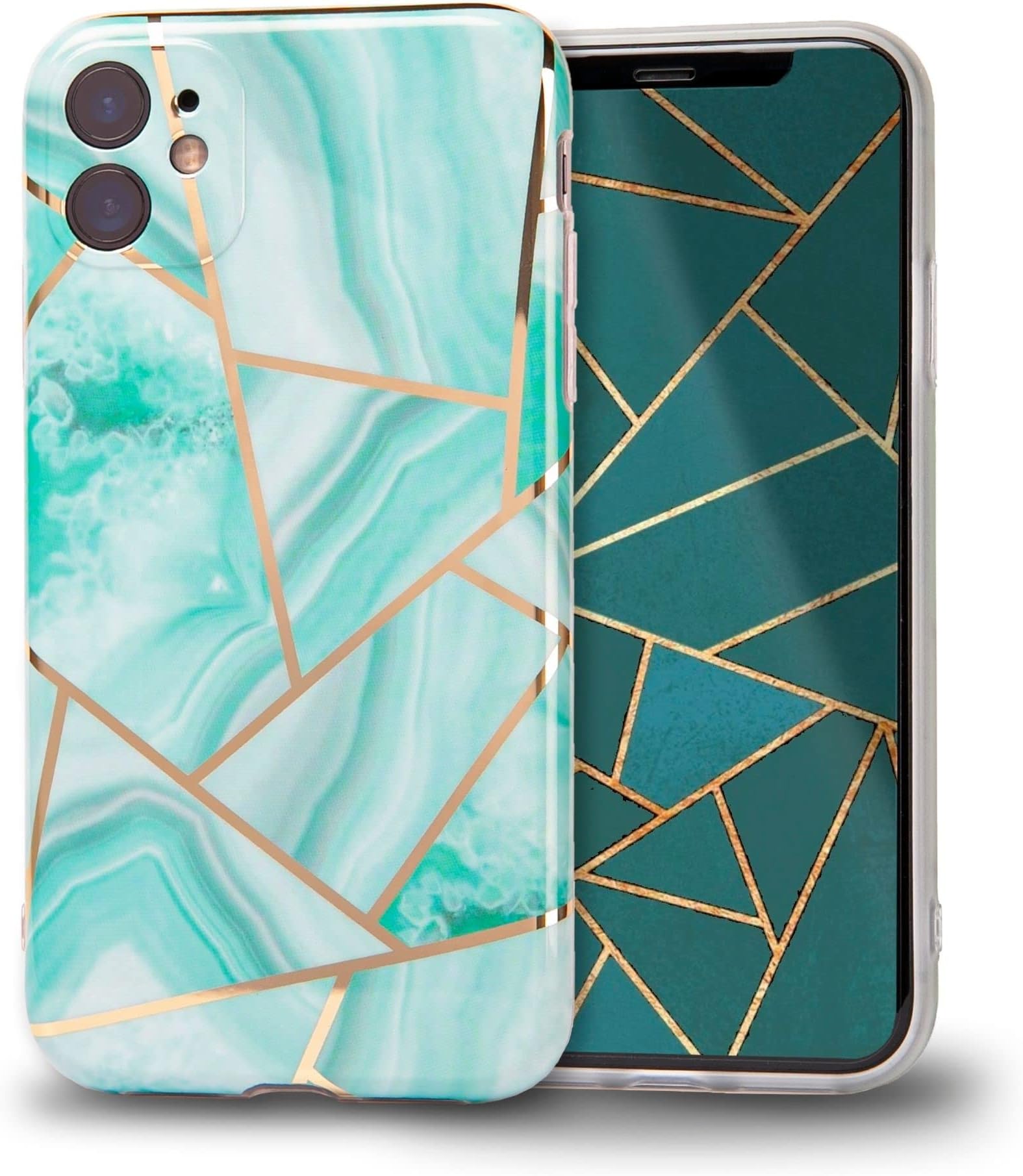 TEEKAOO Stonzo Series TPU Back Cover Case Compatible with iPhone 13 Pro Max- Luxurious Geometric Design with Gold Accents, Sleek and Durable Protection for Your iPhone (iPhone 13 Pro Max, Green)