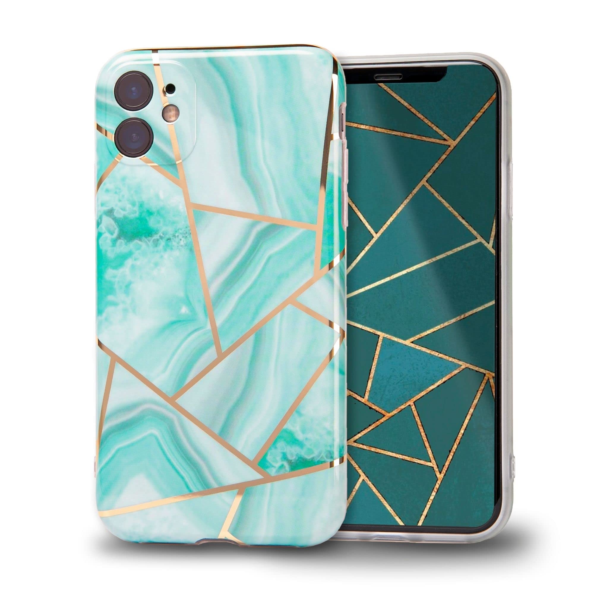 TEEKAOO Stonzo Series TPU Back Cover Case Compatible with iPhone 13 Pro Max- Luxurious Geometric Design with Gold Accents, Sleek and Durable Protection for Your iPhone (iPhone 13 Pro Max, Green)