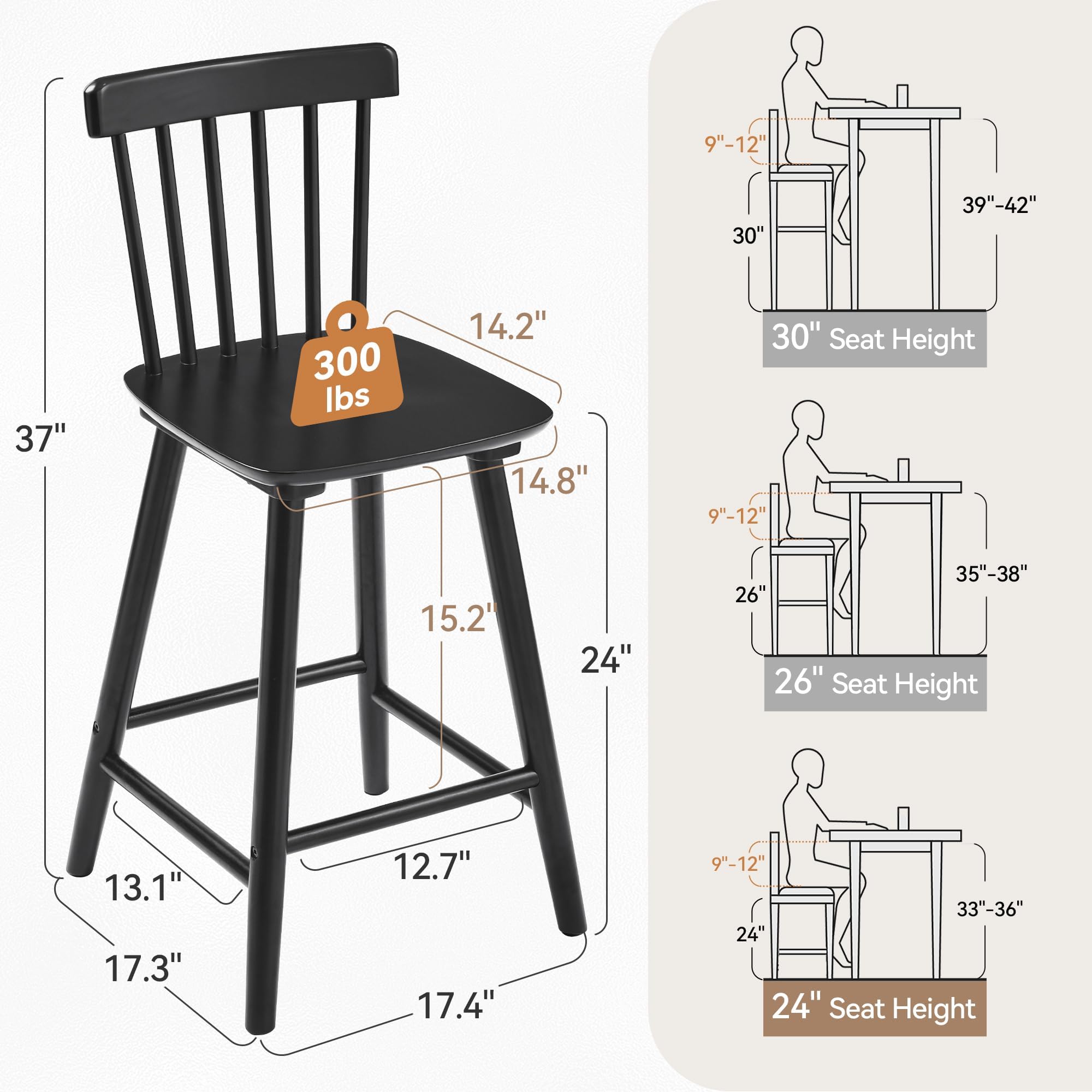 LUE BONA Windsor Wooden Bar Stools Set of 2 for Kitchen Island, Farmhouse 24 Inch Counter Height Stools Chairs with Spindle Back, Black