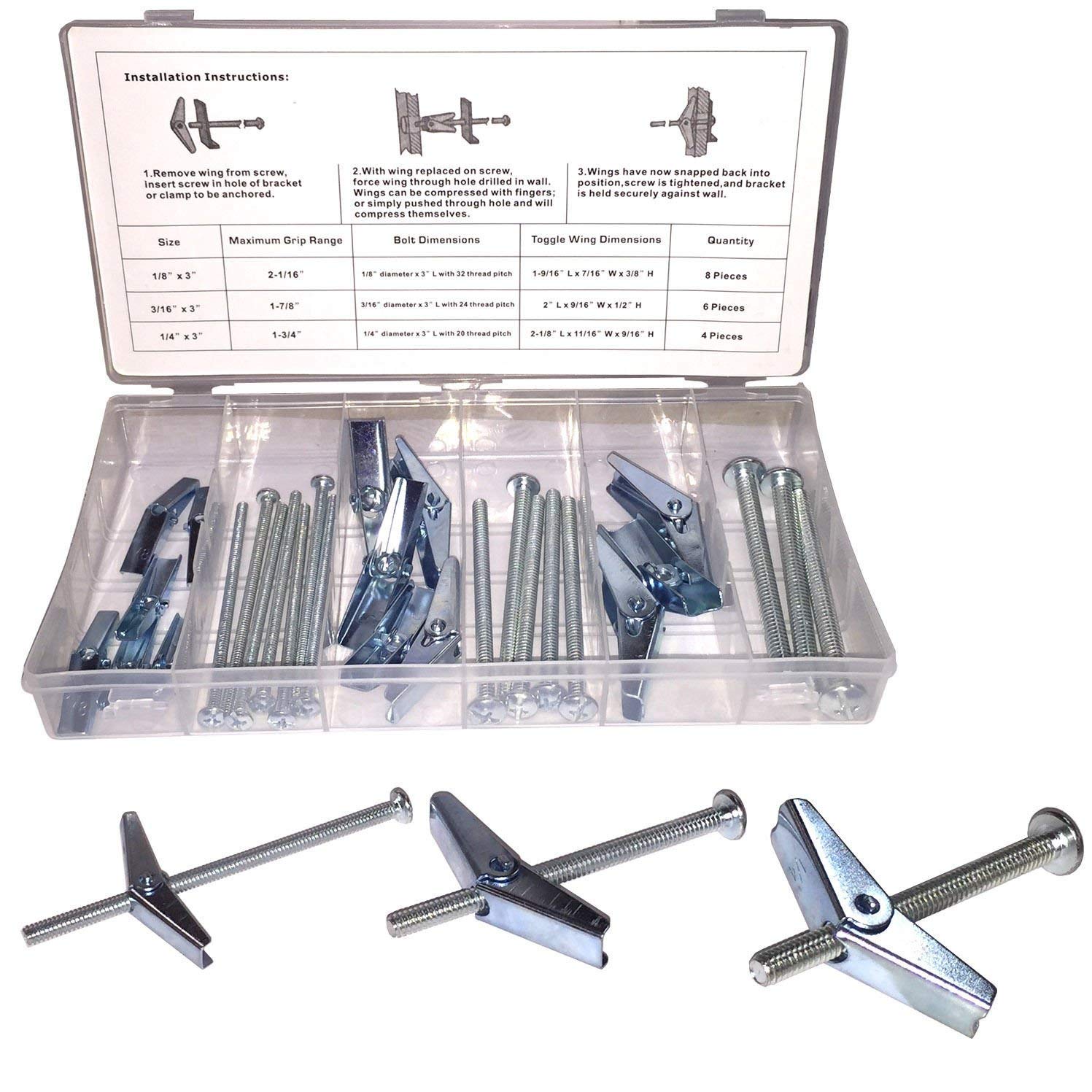 Shop-Tek/C-H 18pc Wing Toggle Bolt Assortment Snap Open Action Zinc Plated Steel Construction - Sold by Ucostore Only