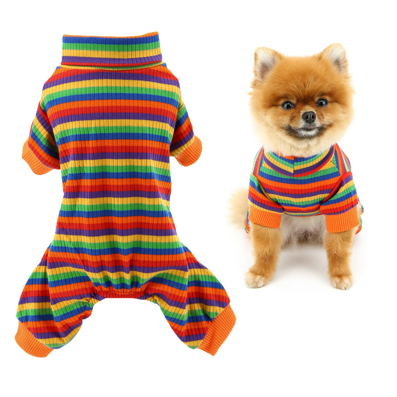 SMALLLEE_LUCKY_STORE Cotton Dog Pajamas for Small Dog Rainbow Striped Puppy Pullover Jumpsuit with Turtle Neck Stretchable Pet Pjs Summer Spring Pyjamas Breathable Chihuahua Yorkie Clothes, Red, M