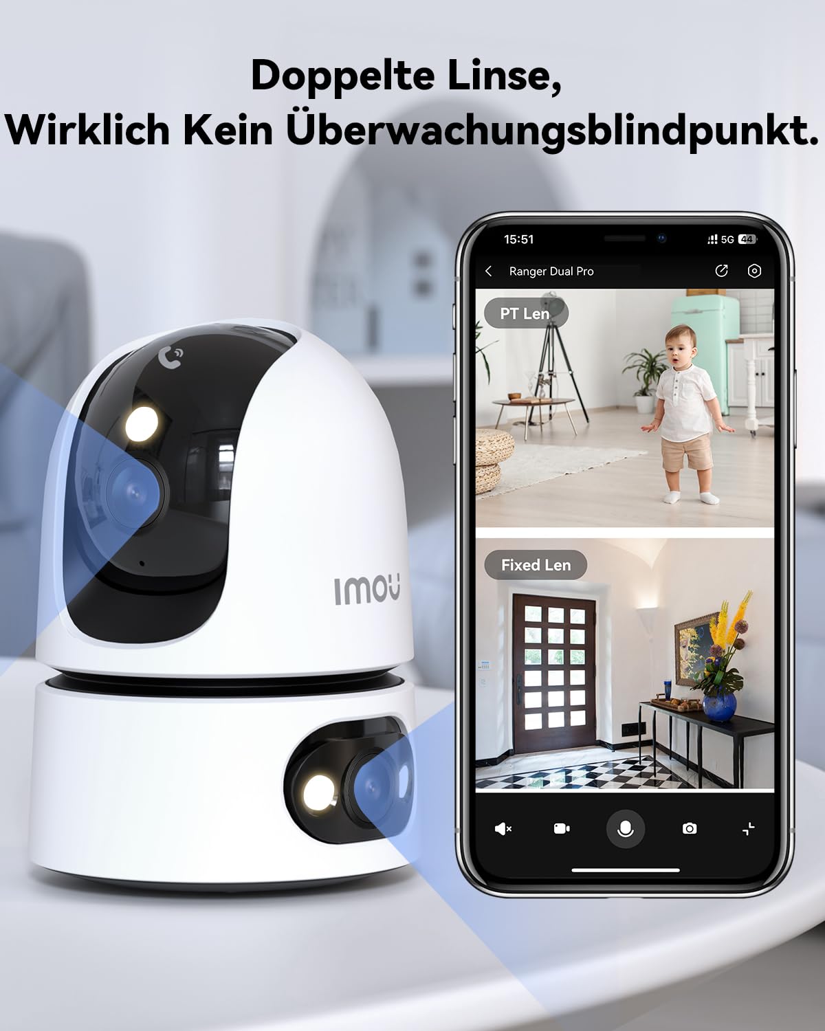 Imou 4MP+4MP Dual Kameras Überwachungskamera Innen mit 2.4/5GHz WLAN, KI-Person/Haustiererkennung, 360° PTZ WLAN Indoor Hunde Kamera, Farbnachtsicht, Smart Tracking, 2-Wege-Audio, Sirene, Modus Privat