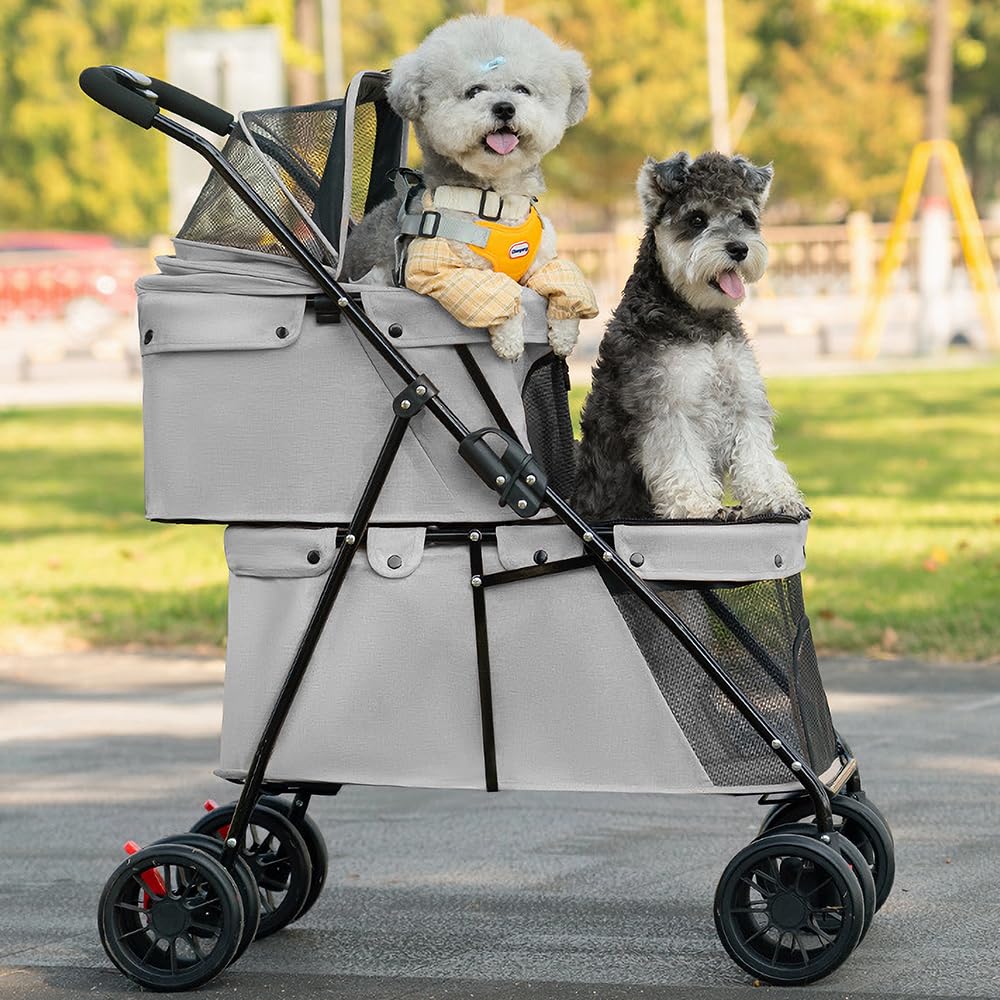 Passeggino a doppio strato, per cani, gatti, animali, viaggi, passeggino, pieghevole, cane, gatto, a quattro ruote, carrozzina, passeggino Buggy, 67 x 50 x 95 cm, grigio