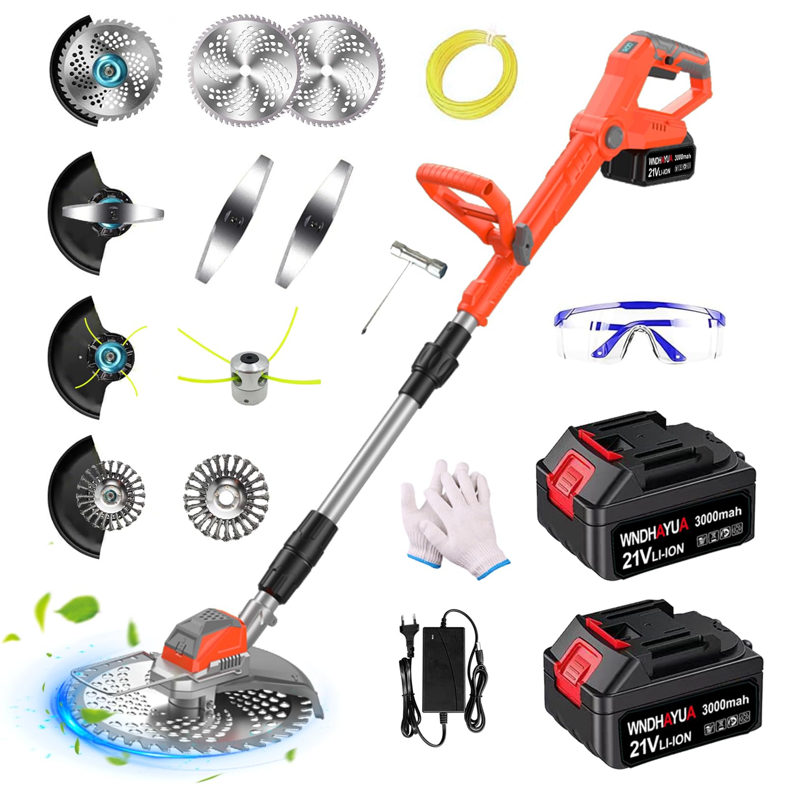 Rasentrimmer mit Akku 2x3.0Ah Batterie und Unkrautbürste,4-in-1 Freischneider & Motorsense Akku mit 4 Klingentypen,Rasenkantenschneider Batteriebetrieben für Garden Trimmen