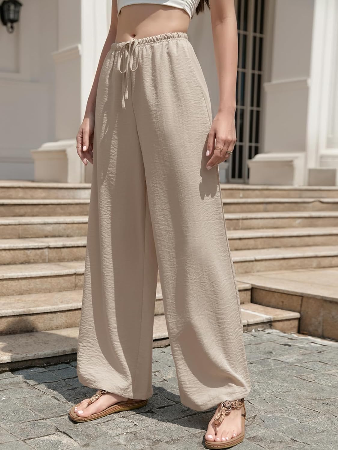 Womens Wide Leg Palazzo Pants Summer Flowy Pants Drawstring Elastic Beach Lounge Casual Trousers with Pockets - Image 3