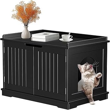 Cat Litter Box Enclosure Extra Large Wooden Litter Box Furniture Hidden with Removable Divider, Indoor Cat House Nightstand, Black