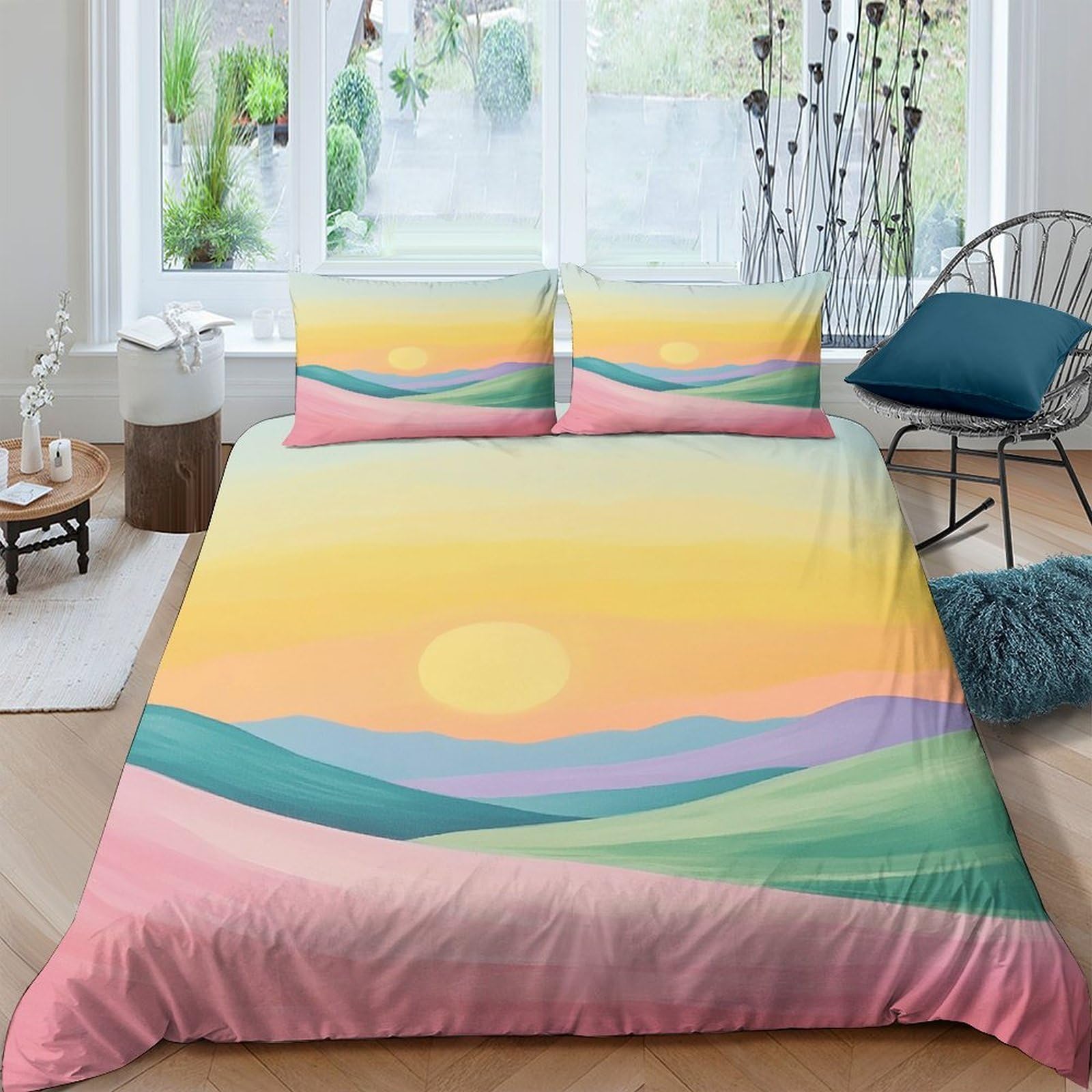 XFKLYNVCJ 3D Printed Sunset landscape Bed Cover Microfiber Colorful mountain scene Bedding Cover Fade Resistant Wrinkle Free for University Accommodation Student Dorm Daily Use Super king（260x220cm）