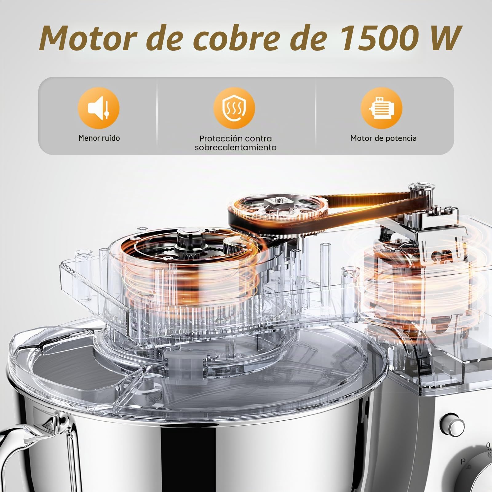 Facelle Batidora Amasadora de Repostería 1500W, Amasadora de Pan con 10 Velocidades + Función Pulse, Bol de Acero Inoxidable de 5,5L, Movimiento Orbital, con Varillas, Gancho Amasador y Batidor Plano