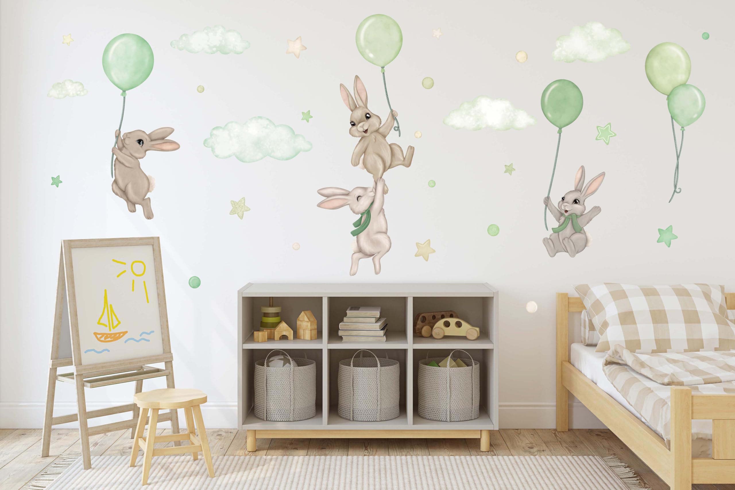 Adhesivo de pared para habitación de bebé - Adhesivo de pared para habitación de bebé - No tóxico, seguro, potente - 29 piezas de pegatinas, conejitos con globos - Verde, Crema, Beige