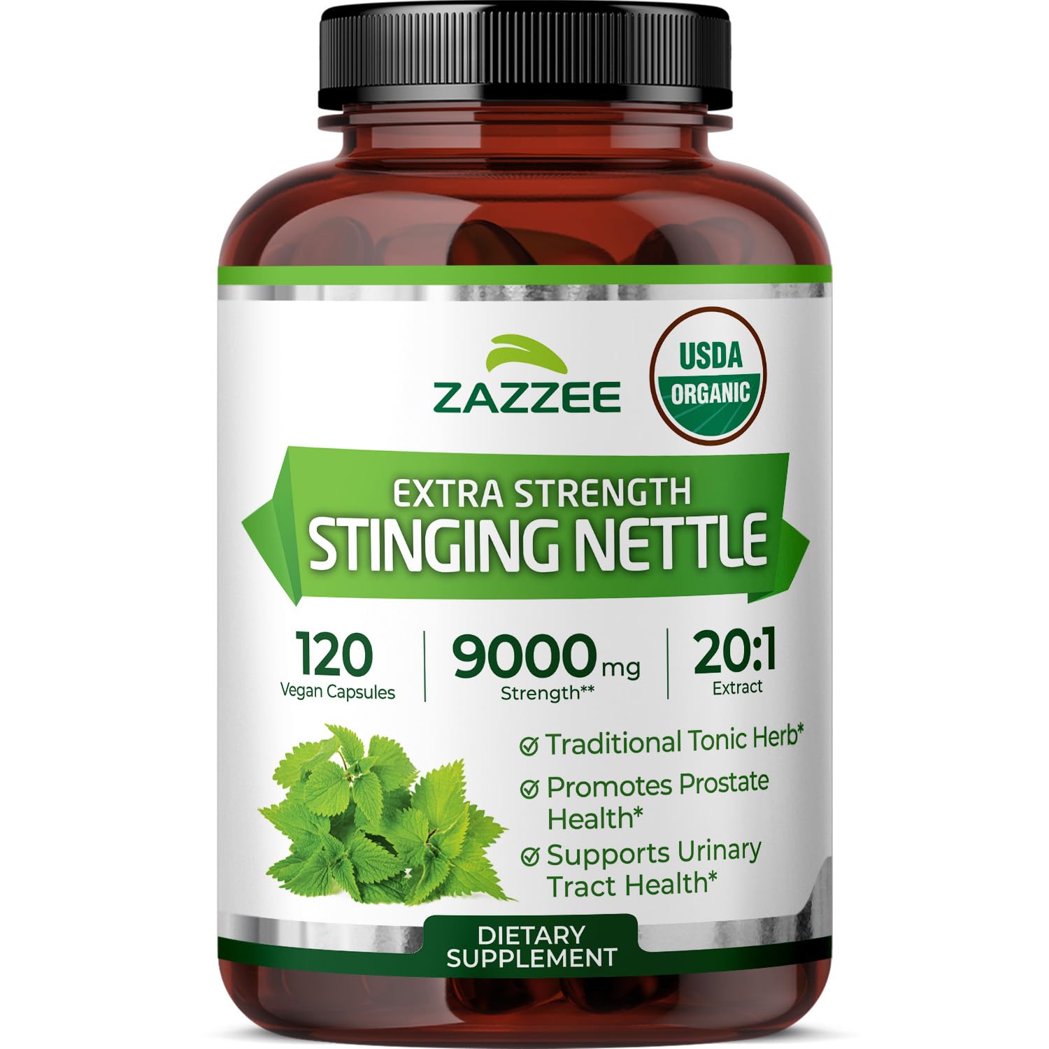 Zazzee USDA Organic Stinging Nettle 20:1 Extract, 9000 mg Strength, 120 Vegan Capsules, 4 Month Supply, Concentrated, Standardized 20X Extract, Certified Organic, 100% Vegetarian, All-Natural, Non-GMOUSDA Organic