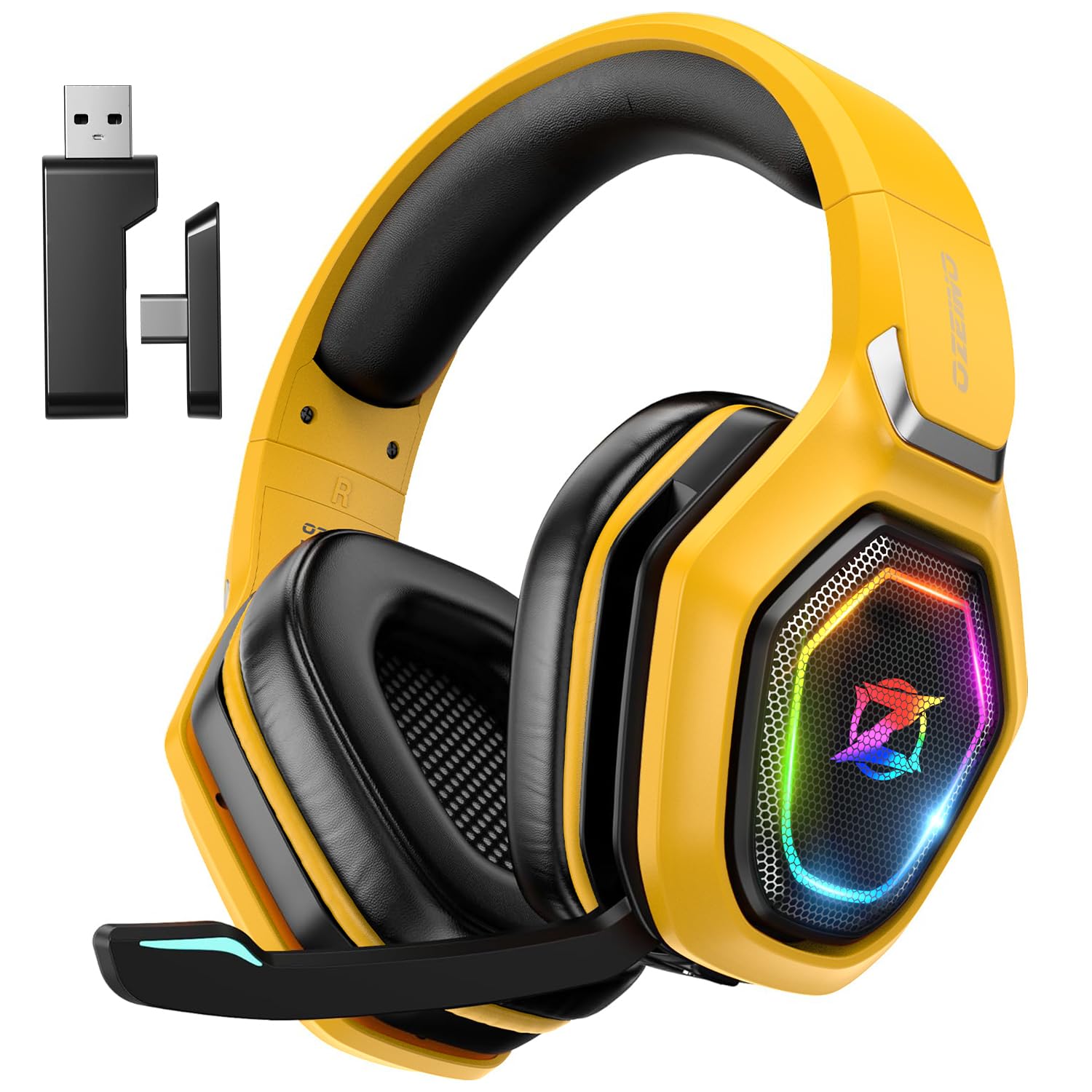 Ozeino Gaming Headset für Ps4 Ps5 PC, Ps5 Headset mit 2.4GHz Wireless Bluetooth Noise Cancelling, 30 Stunden Akkulaufzeit, Lightweight, Gelb Und Schwarz
