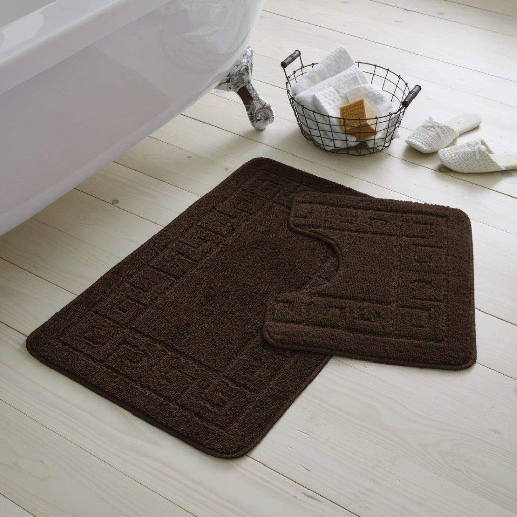 EHD Greek Design 2 Piece Bath Mat and Pedestal Mat Sets Non Slip Water Absorbent Regular Size Bathroom Rugs (Chocolate)