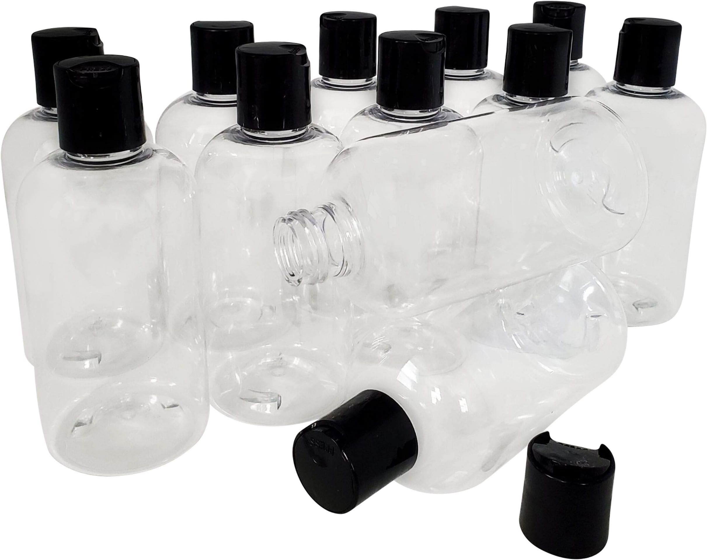 8oz Boston Round Clear PET Plastic Bottles with Black Press Disc Top Cap for Shampoo, Conditioner, Body Soap, Lotion, Hand Sanitizer, Multi-Purpose Empty Refillable Bottles (Pack of 12)