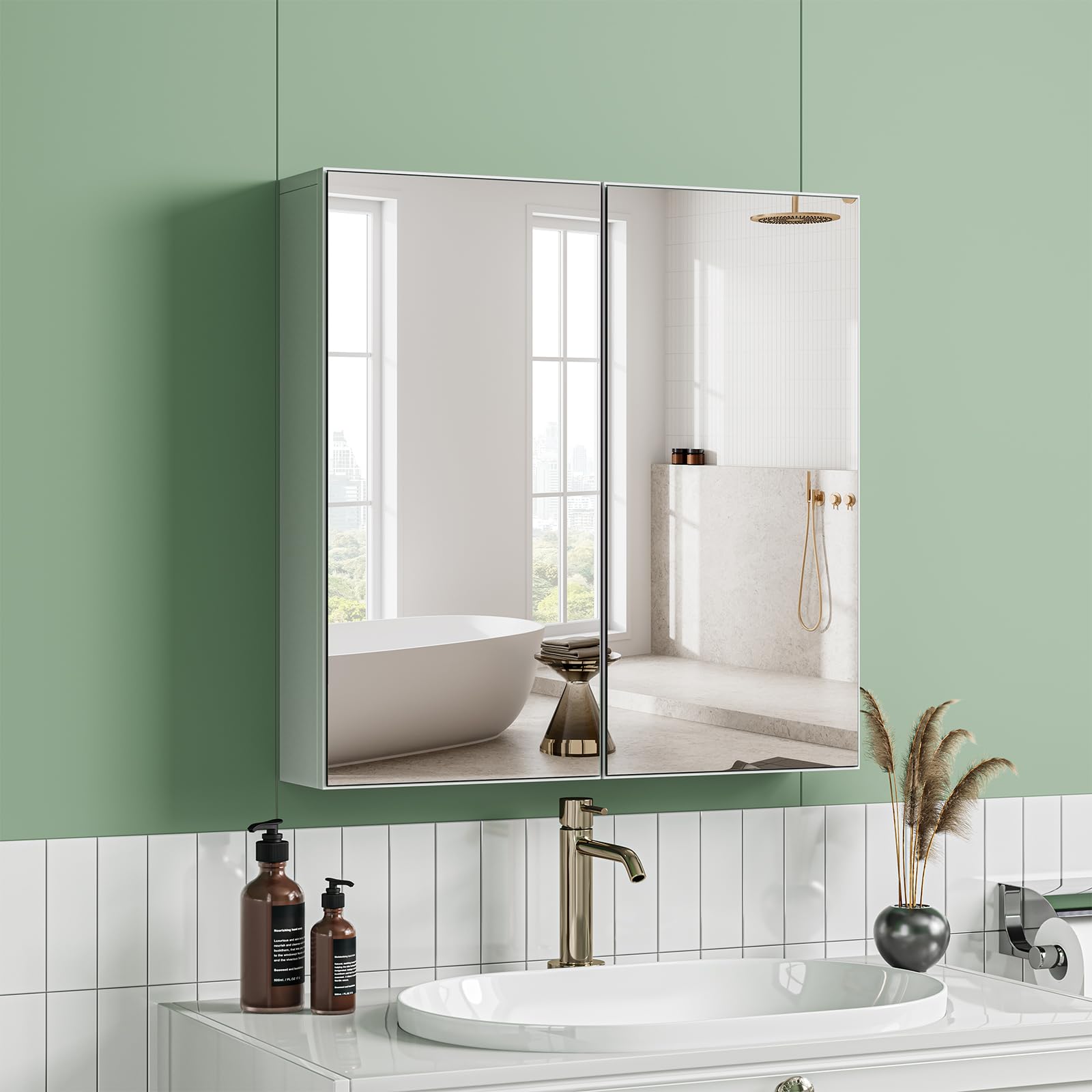 Dripex Double Door Bathroom Mirror Cabinet, 60 x 60 x 12 cm, White
