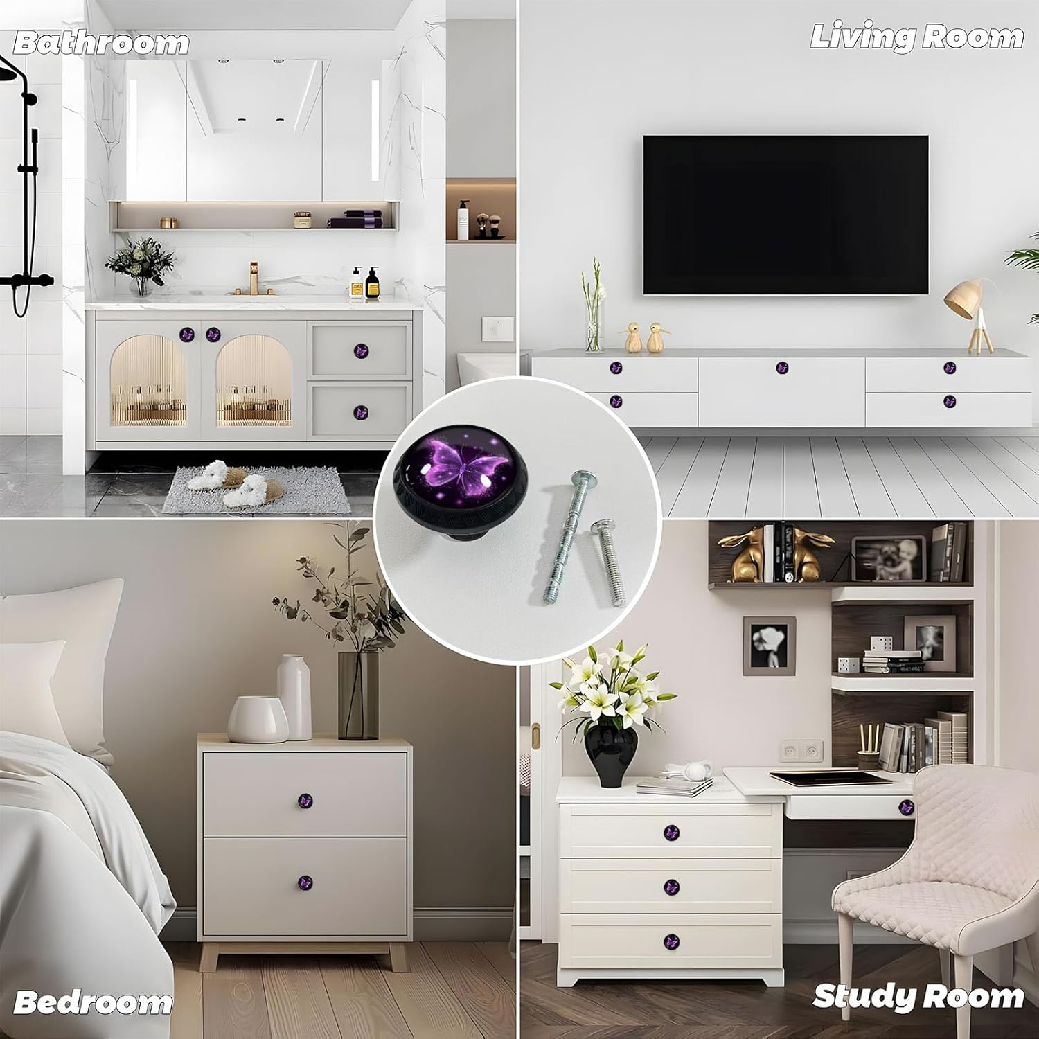 4 Pack Sparkling Purple Butterfly Cabinet Knobs Round Drawer Pulls Purple Butterfly Knob Cupboard Door Handles Hardware for Kitchen Bathroom Cabinets