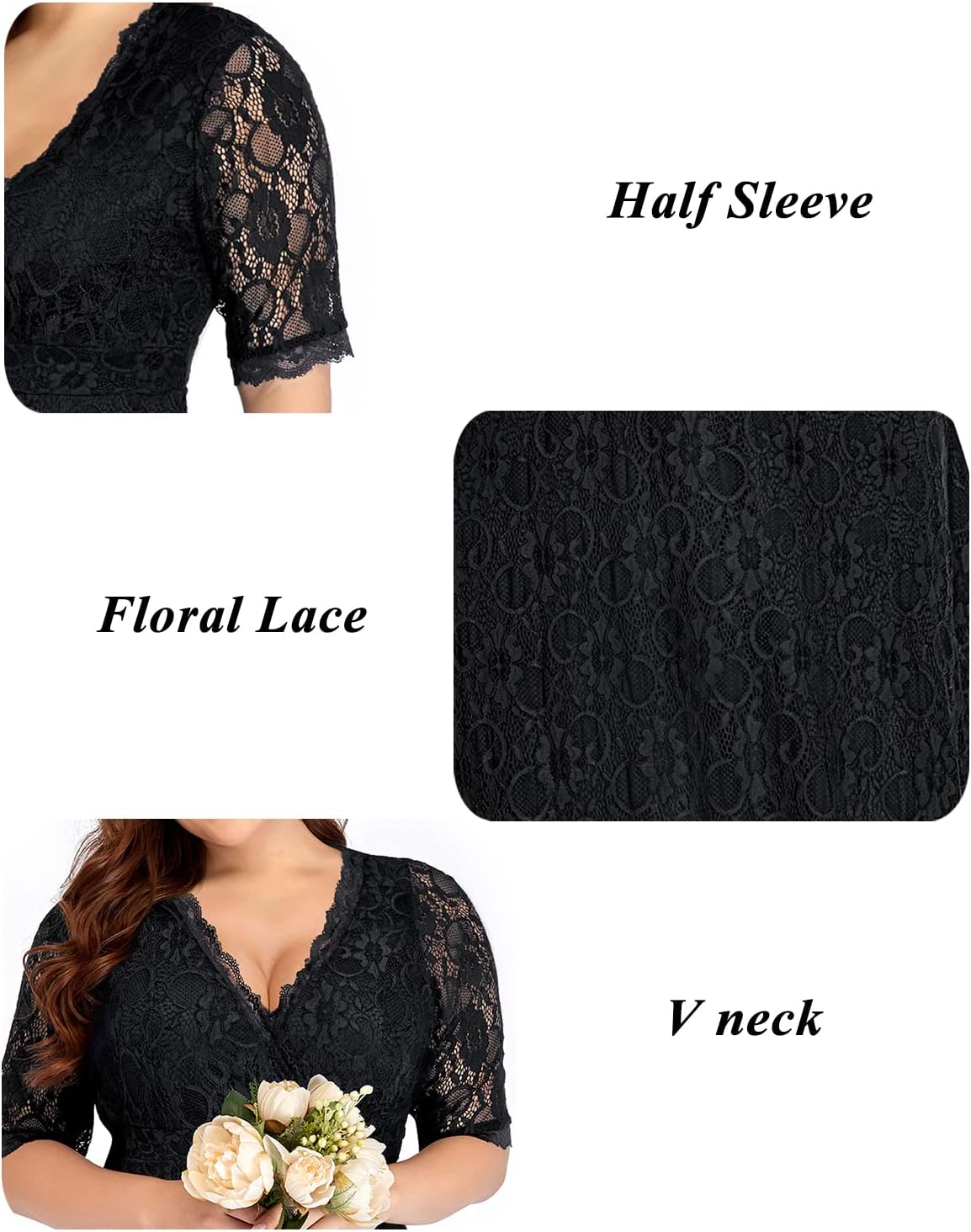 Women's Plus Size Wedding Guest Cocktail Party Semi Formal Lace Wrap V Neck Knee Length Dress - Image 5