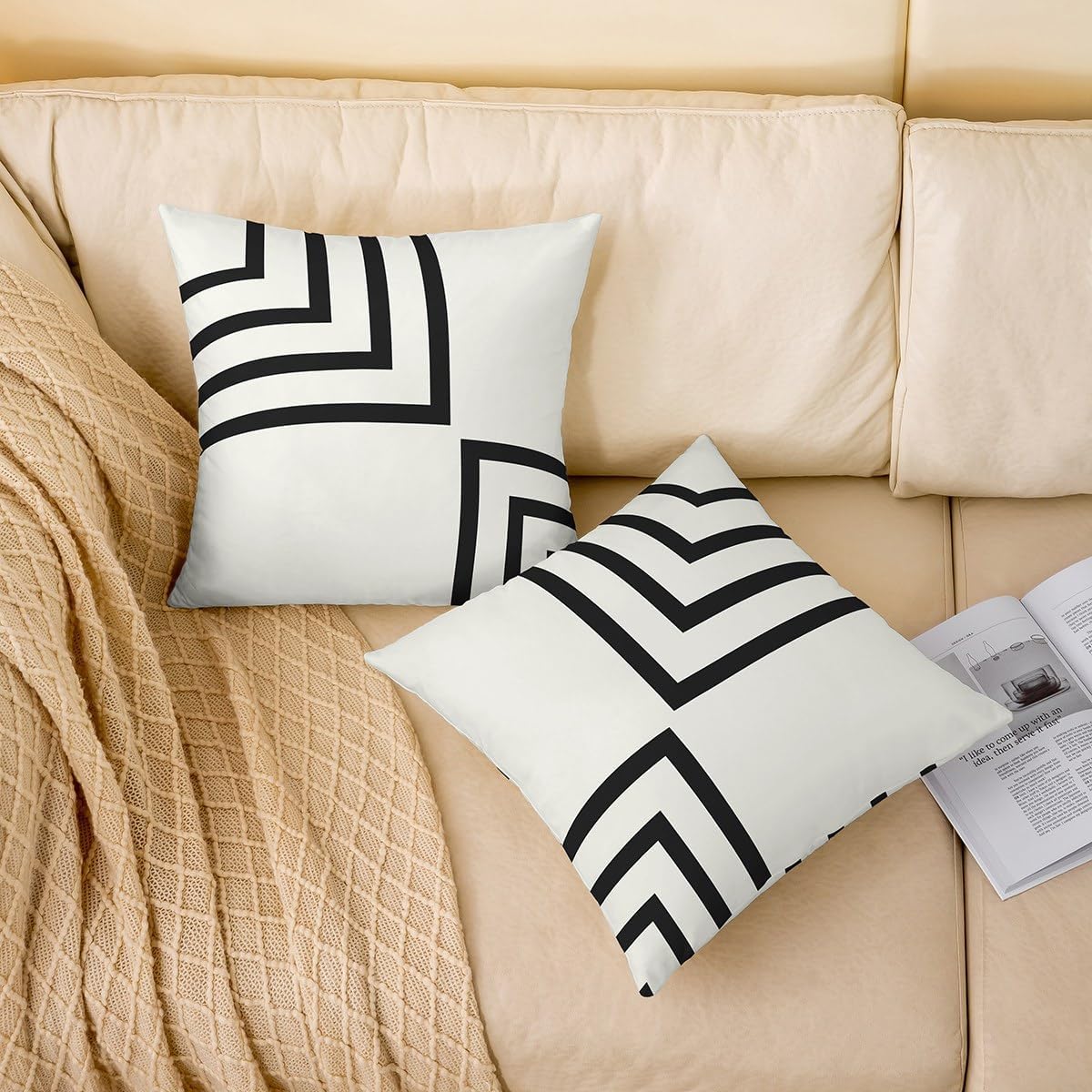 Simple Lines Throw Pillow Covers 24x24 Inch Set of 2 Black Geometric Stripes Grid Print Cushion Covers for Kids Teens Adults Modern Style Plaid Decorative Cushion Cases for Office Chairs Sofa