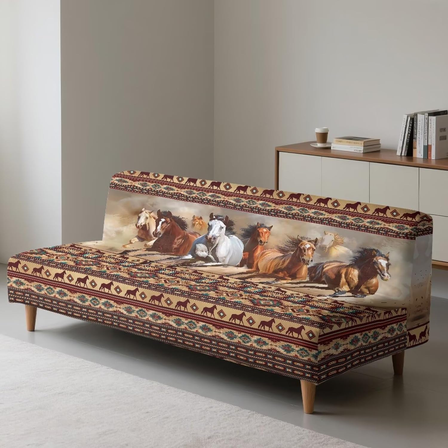 Western Aztec Horse Pattern Futon Cover, High Stretch Sofa Bed Slipcovers, Armless Sofa Cover Full Size, Fitted Stay in Place Furniture Protector for Living Room Bedroom