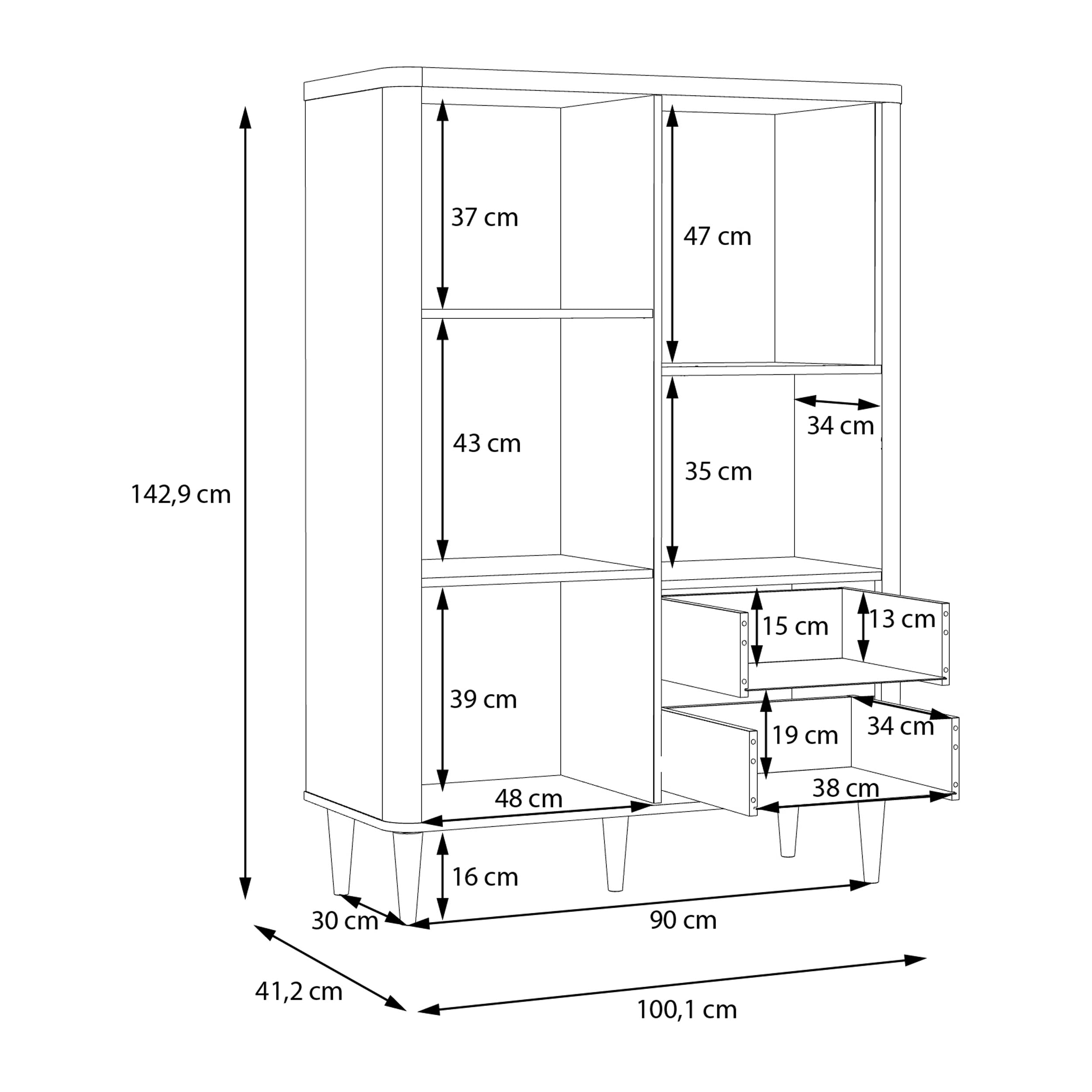 Forte LACETTI Schrank 100, modernes Highboard mit abgerundeten Ecken, Tür, Kippfach und 2 Schubladen, Kaschmir | Beige mit Valencia Eiche Holzdekor, 100,1 cm breit x 142,9 cm hoch x 41,2 cm tief