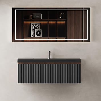 Floating Vanity Bathroom Sink Cabinet Wall Mount, Modern 42 Inch Bathroom Vanity with Sink, Pre-assembled Bathroom Vanity with Soft-Close Drawer, Hidden Handle, Grooved Stripe Design,Walnut & Black