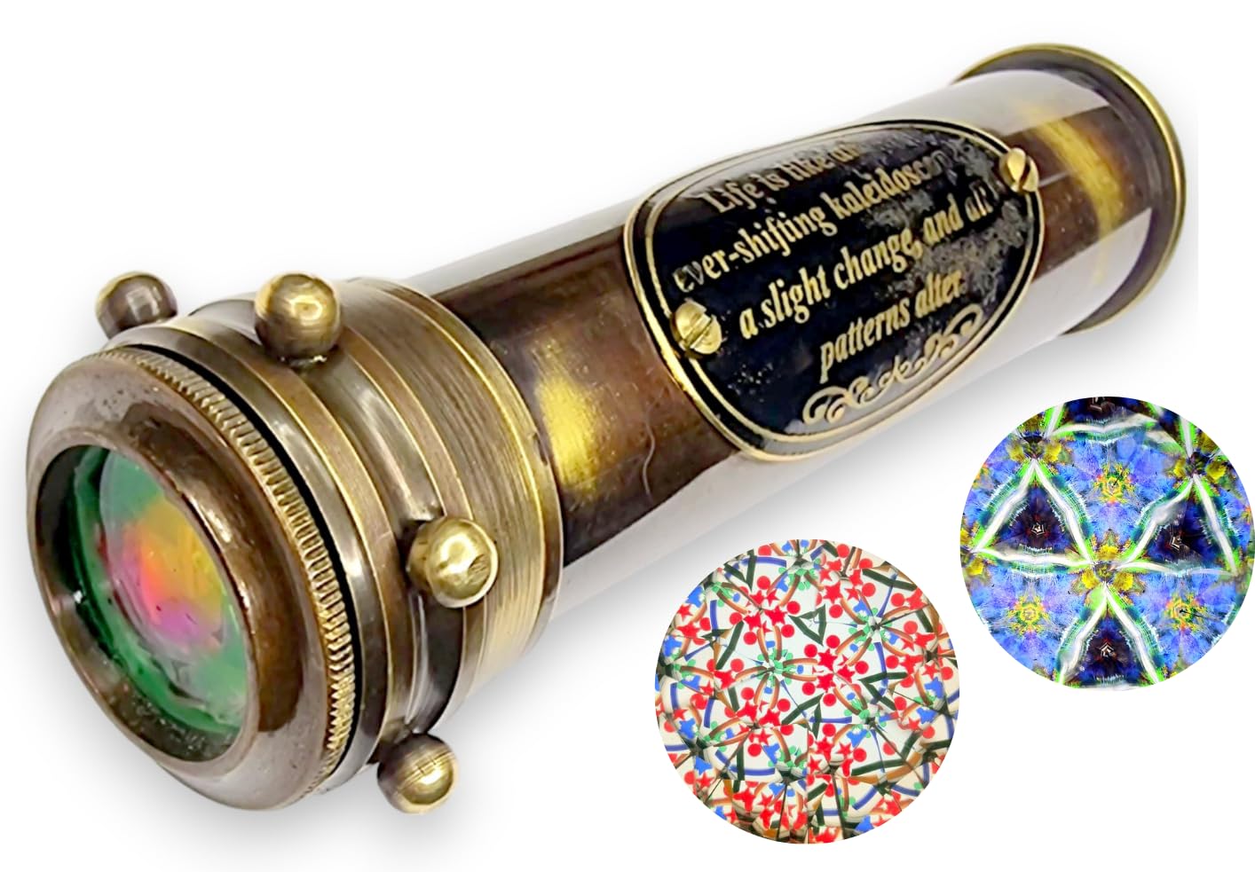 Caledoscopio antiguo hecho a mano con pátina vintage con lente de espejo que crea un increíble diseño vibrante, una obra maestra clásica del arte óptico