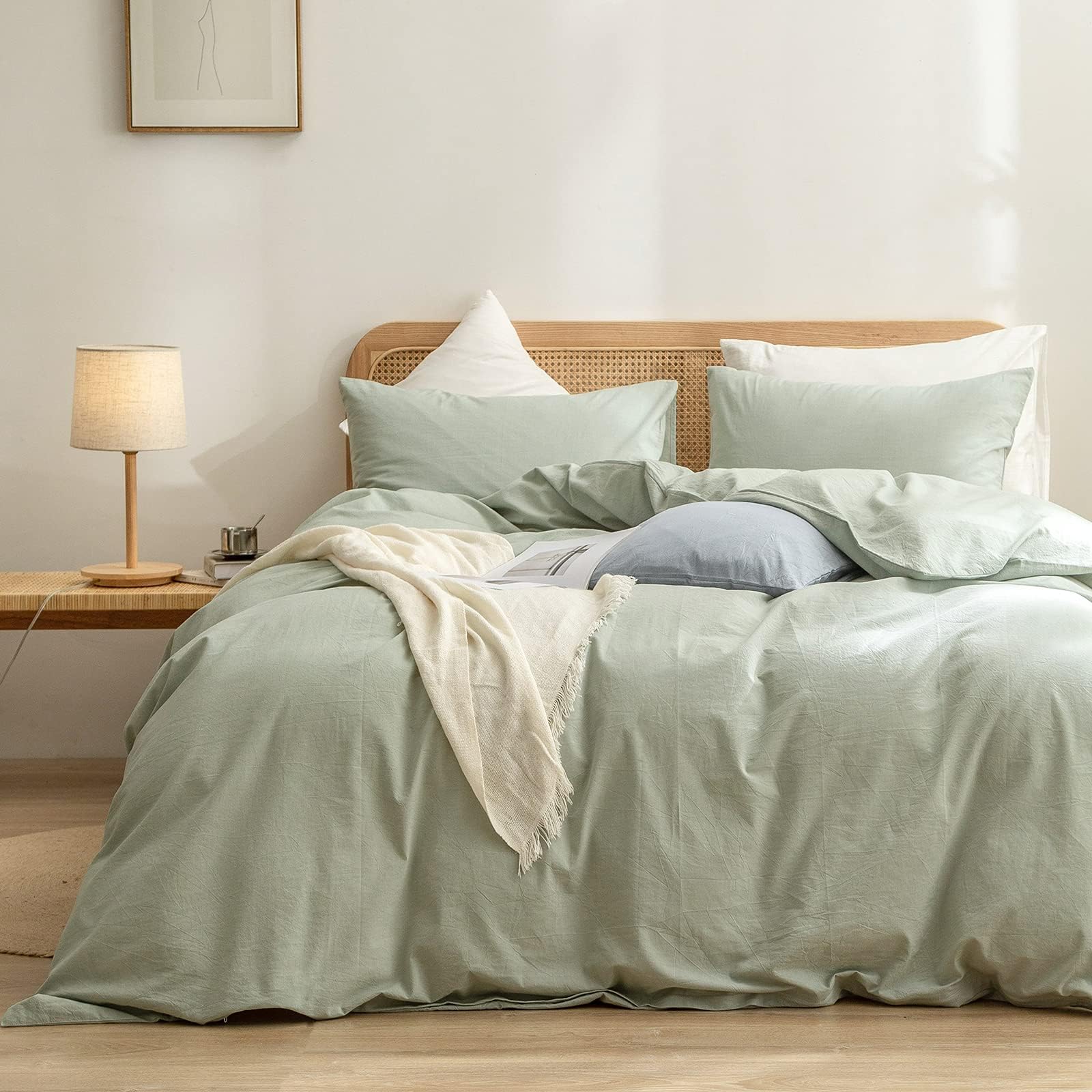 BESTOUCH Cotton Solid Duvet Cover Set Linen Feel Sage Green Oversized Full