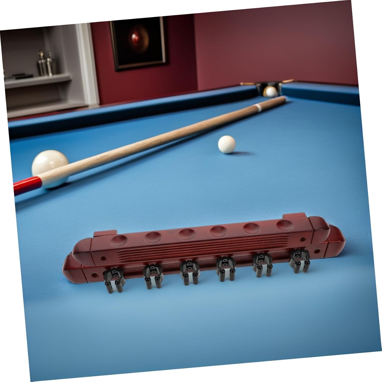2 Sets Wall Mounted Pool Cue Organizer Rack Solid Wood Billiard Stick Display Stand with Burgundy Finish for Game Rooms Bars Clubs