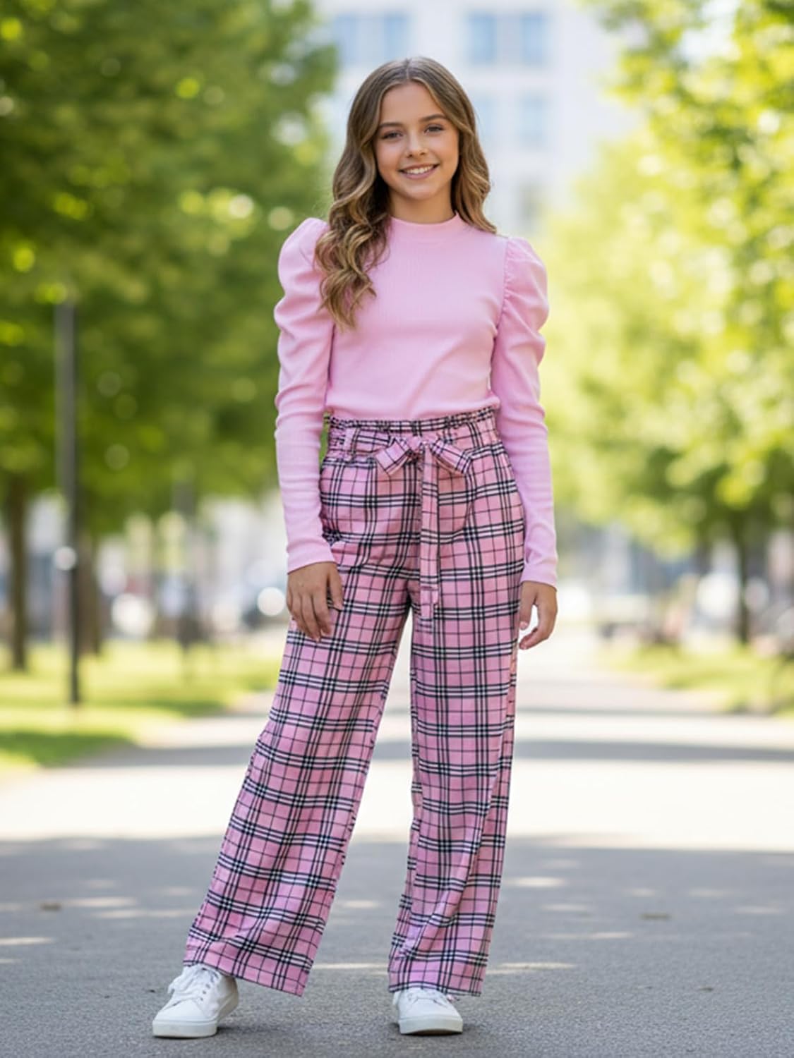 Hotfiary Girls 2 Piece Clothes Fall Winter Outfits Puff Sleeve Ribbed Knit Top & Plaid Wide Leg Pants Clothing Set 5-14 Years - Image 4
