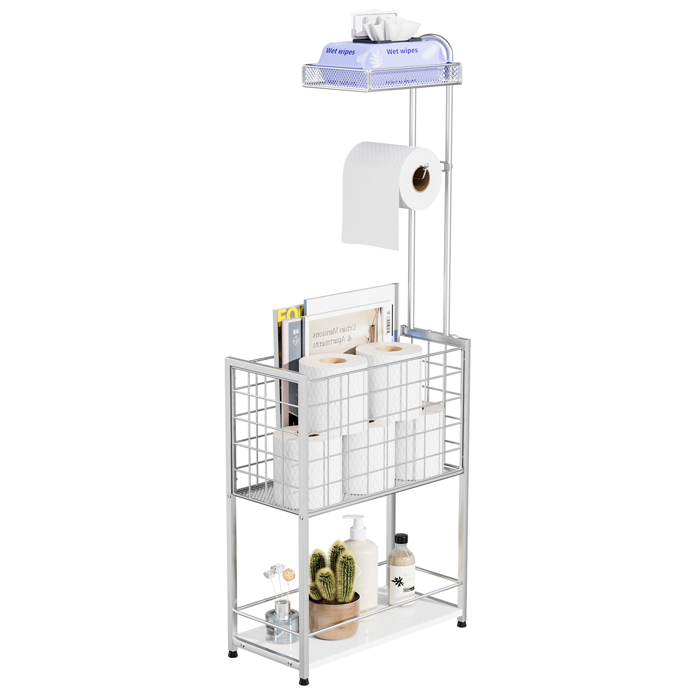 SWTYMIKI Freestanding Toilet Paper Holder - 4-Tier Toilet Roll Holder Free Standing Stand with Large toilet roll Basket, Stand Mega Roll Storage Rack for Extra Rolls, Magazines, Wet Wipes