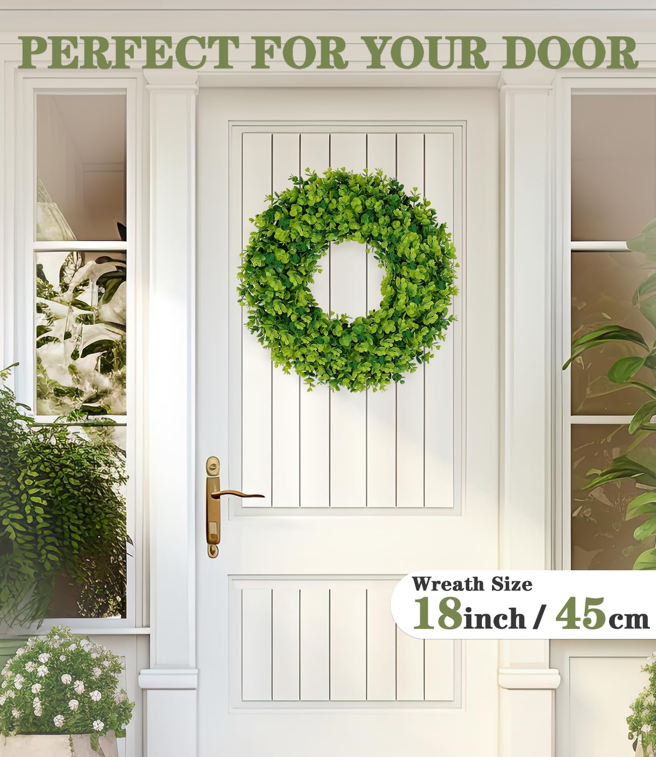 PLANT'D 18‘’ Boxwood Wreaths for Front Door All Seasons, Artificial Preserved UV Resistant Green Winter Spring Summer Door Wreath for Front Door Outdoor Indoor Farmhouse Porch All Year Round - Image 2