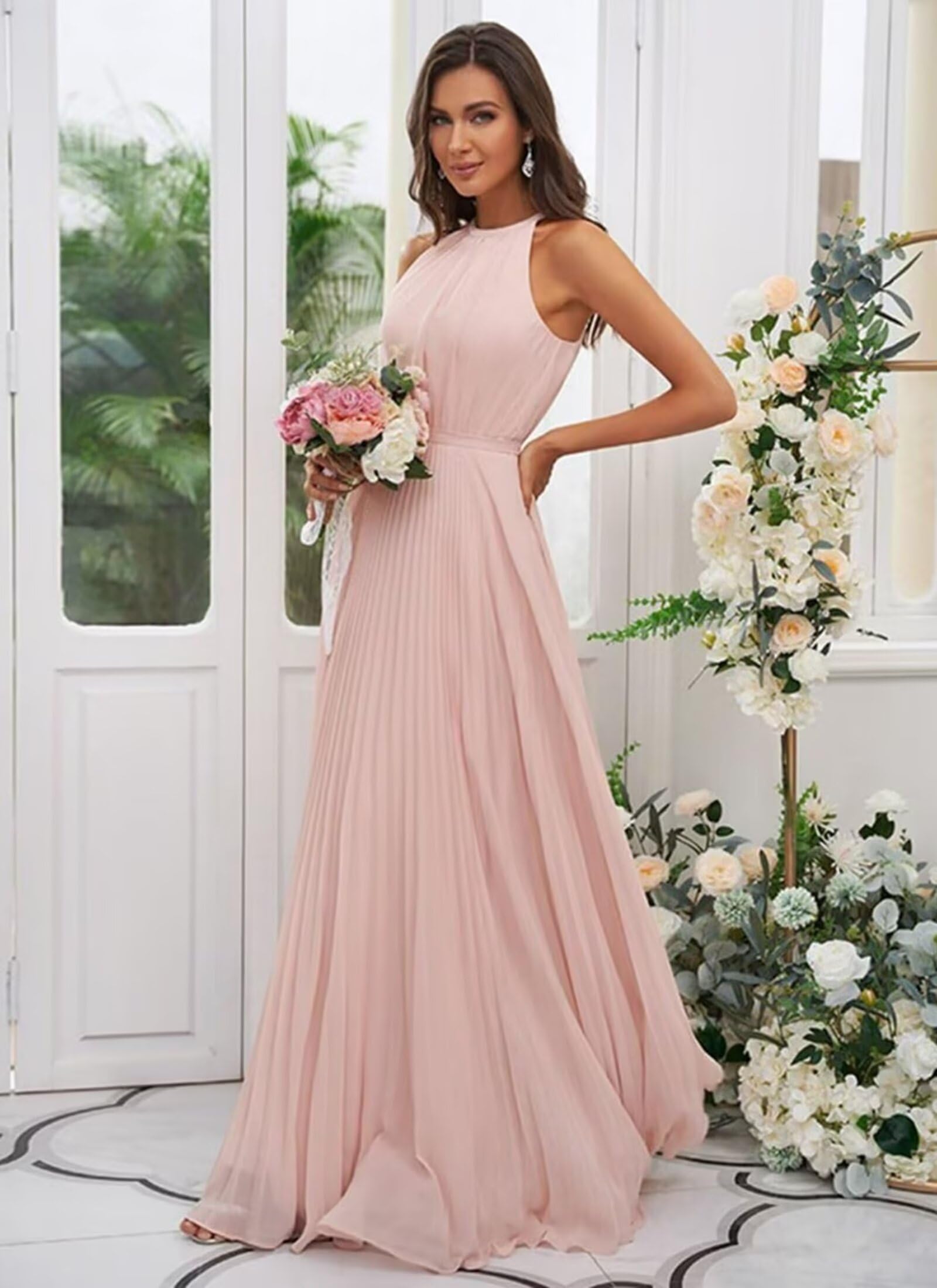 JAEDEN Abendkleid Damen Lang Elegant für Hochzeit Neckholder Brautjungfernkleider Chiffon Festliches Party Kleid Gold 36