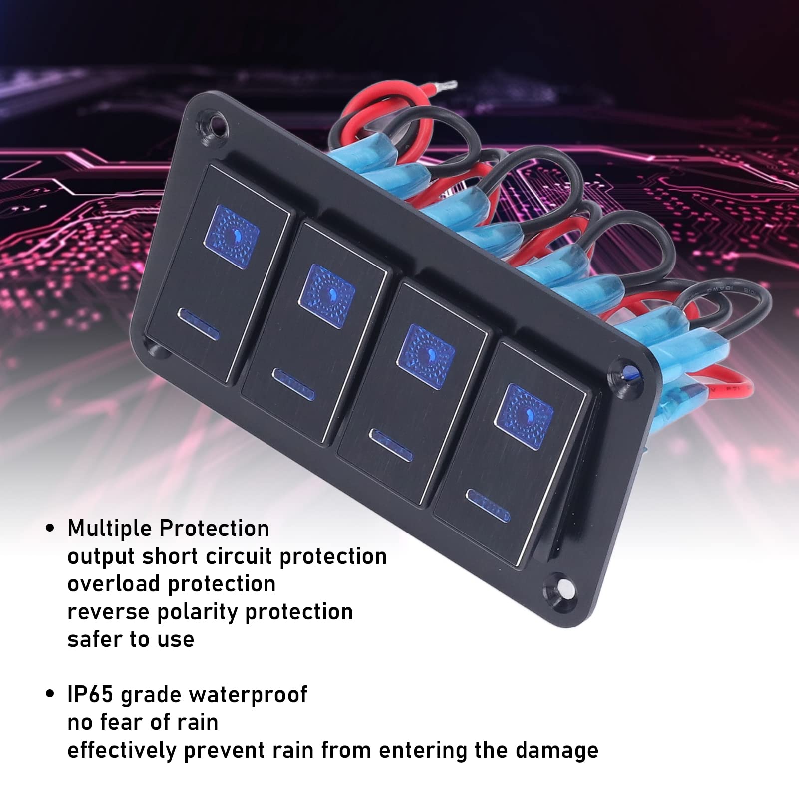 4-Gang-Wippschalter-Panel-Kippschalter mit LED-Hintergrundbeleuchtung, Schutzart IP65, für Motorboote, Autos, LKWs, Yachten, Schwarzes ABS-Material
