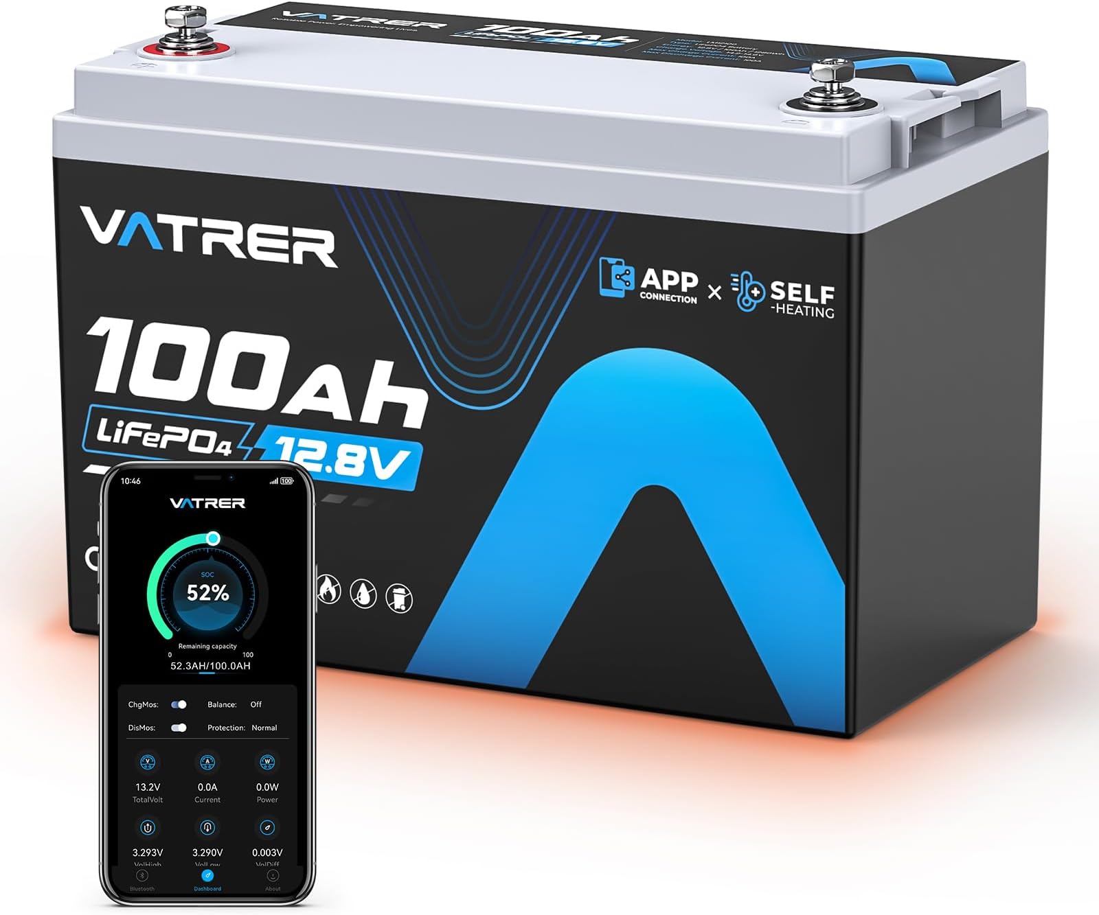 12.8V 100AH Group 31 LiFePO4 Lithium Battery with Self-Heating & APP Monitoring, Built-in 100A BMS, High Temp Cutoff, Low Temp Charging, 5000+ Cycles, Perfect for RV/Camping,Off-Grid,Solar