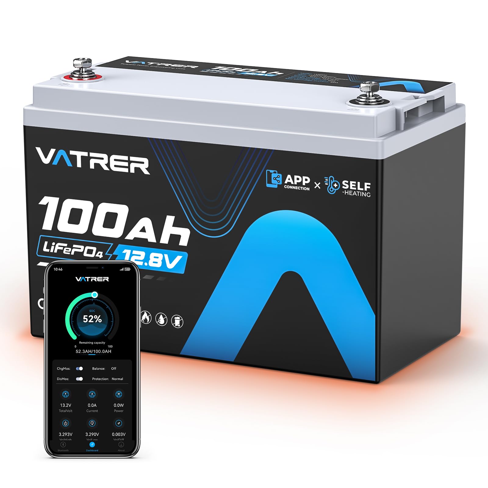 12.8V 100AH Group 31 Bluetooth LiFePO4 Lithium Battery with Self-Heating, Built-in 100A BMS, High/Low Temp Cutoff, Supports Low Temp Charging(-4°F), 5000+ Cycles, Perfect for RV/Camping,Off-Grid,Solar