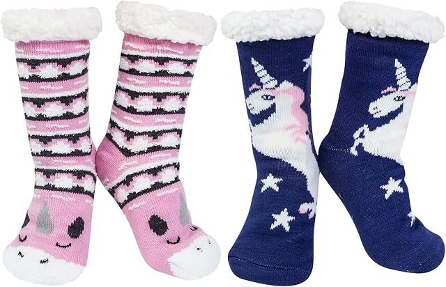 2 pair Slipper Socks for Women Ladies Animal Warm Slipper Socks Fluffy Thermal Fleece Bed Socks Winter Lining Knit Cute Anti-slip Gripper Fuzzy Cozy Gift Socks