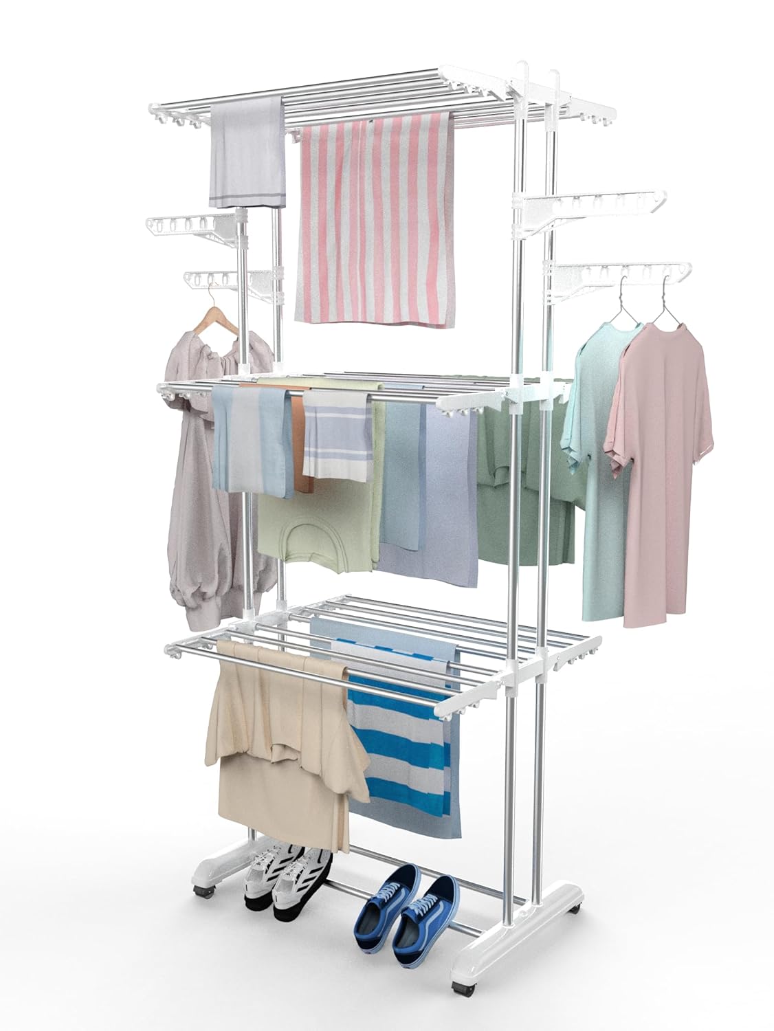 H Houseware Premium Heavy Duty Stainless Steel Foldable Cloth Drying Stand/Clothes Stand for Drying/Cloth Stand/Clothes Dryer/Laundry Racks with Wheels (Pearl White) offers donot miss