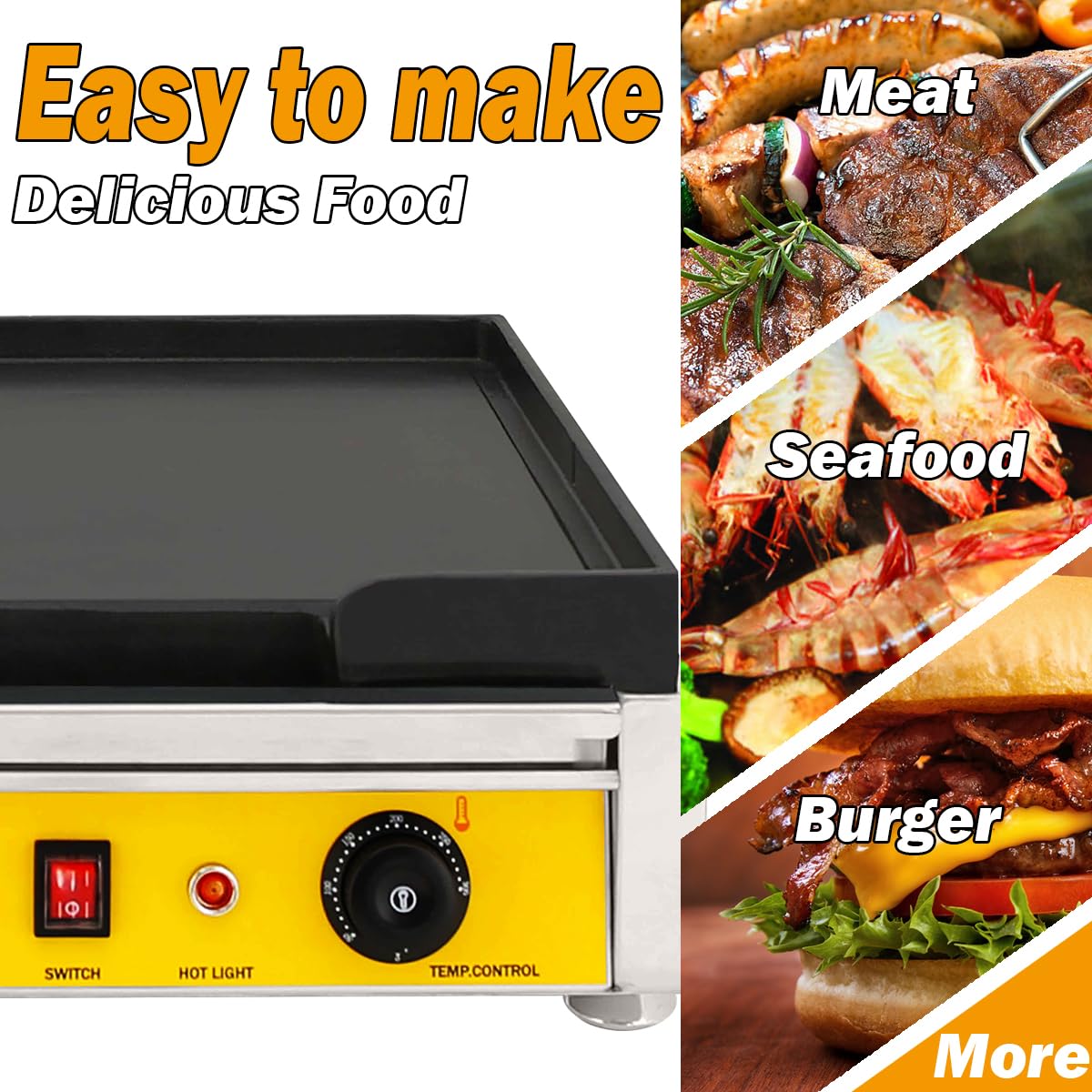 Electric Griddle Commercial 16inch Large Flat Top Grill Indoor Countertop Flattop Griddles with Non-Stick Coating for Restaurant Home Kitchen, Adjustable Temperature 122?-572?, 2000W, 110V