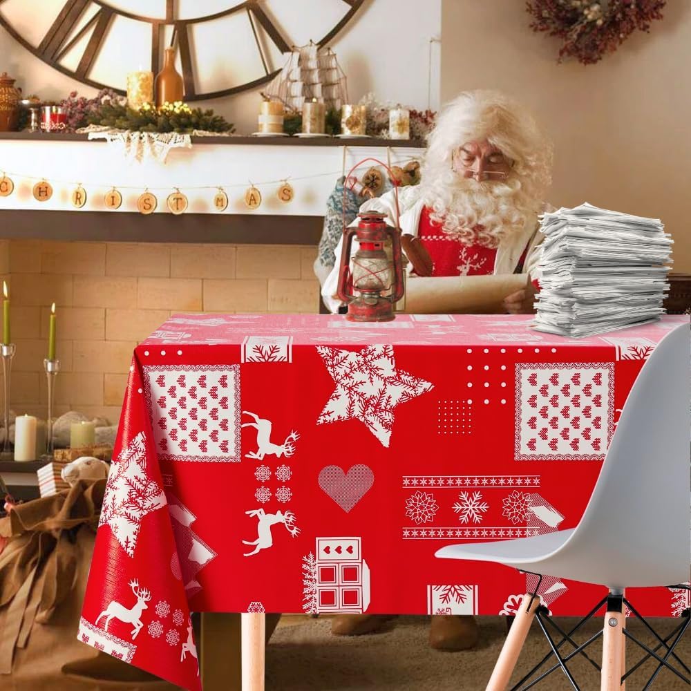 KP HOME - Mantel rojo navideño grande de vinilo de PVC con motivos escandinavos, renos y árbol de Navidad, se limpia con un paño, 300 x 140 cm, rectangular, impermeable, para 10 comensales