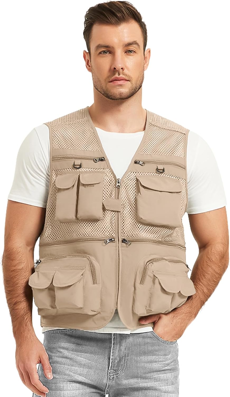 Flygo Men's Fishing Vest Utility Lightweight Outdoor Travel Safari Photo Cargo Vest with 16 Pockets - Image 2