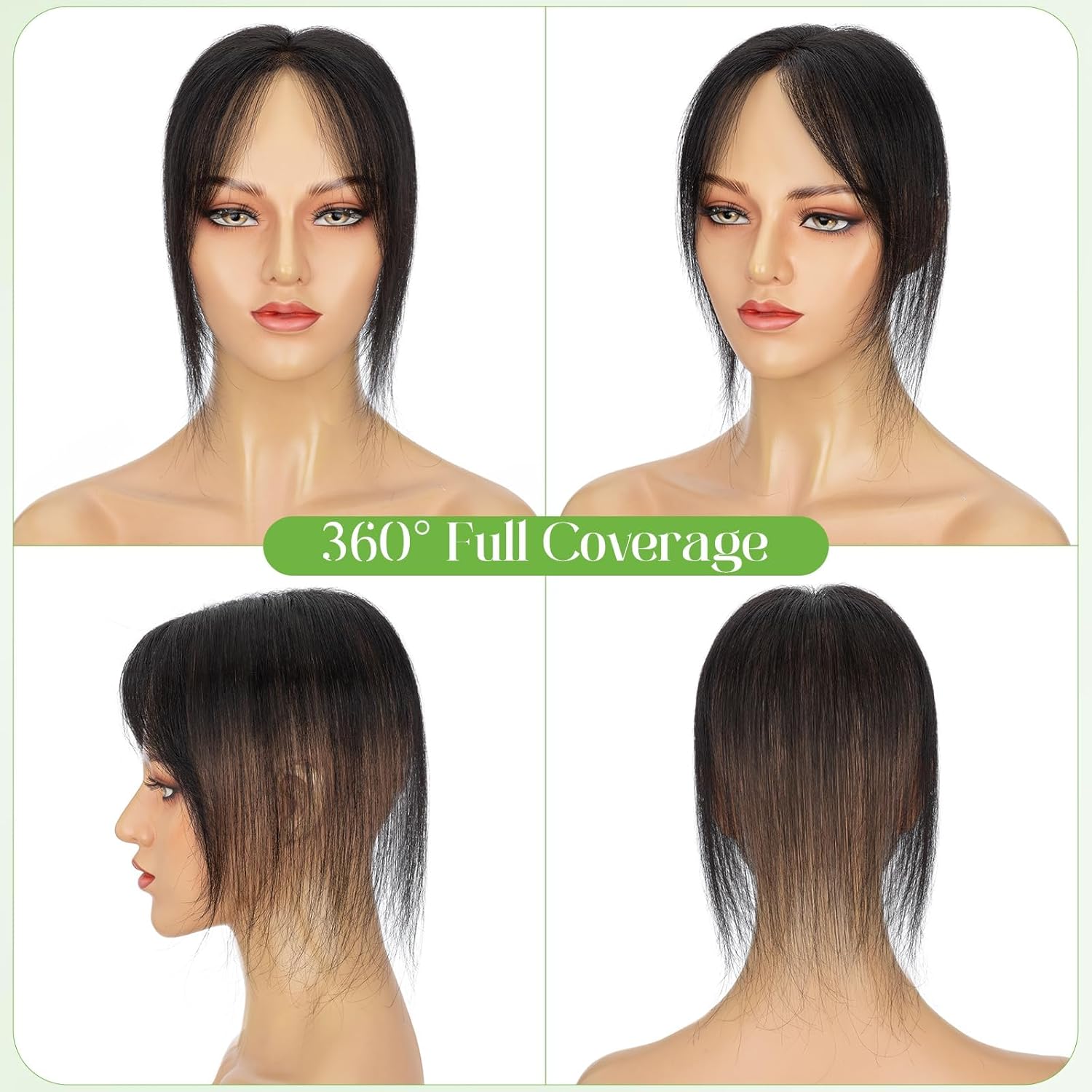 Hair Toppers for Women Real Human Hair 360°3D Cover Human Topper for Thinning No Bangs Middle Part Lace Base 11 Inch Hairpieces for Women (Side Bangs, Natural Black)